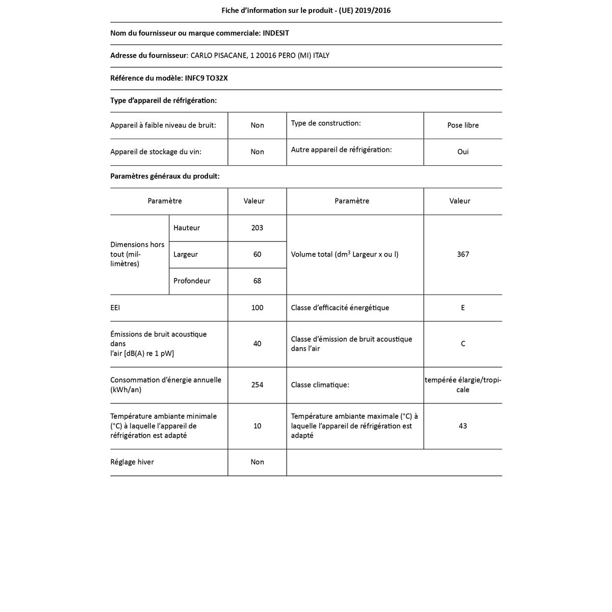 INDESIT Réfrigérateur combiné INFC9T032X, 367 L, Froid ventilé No frost