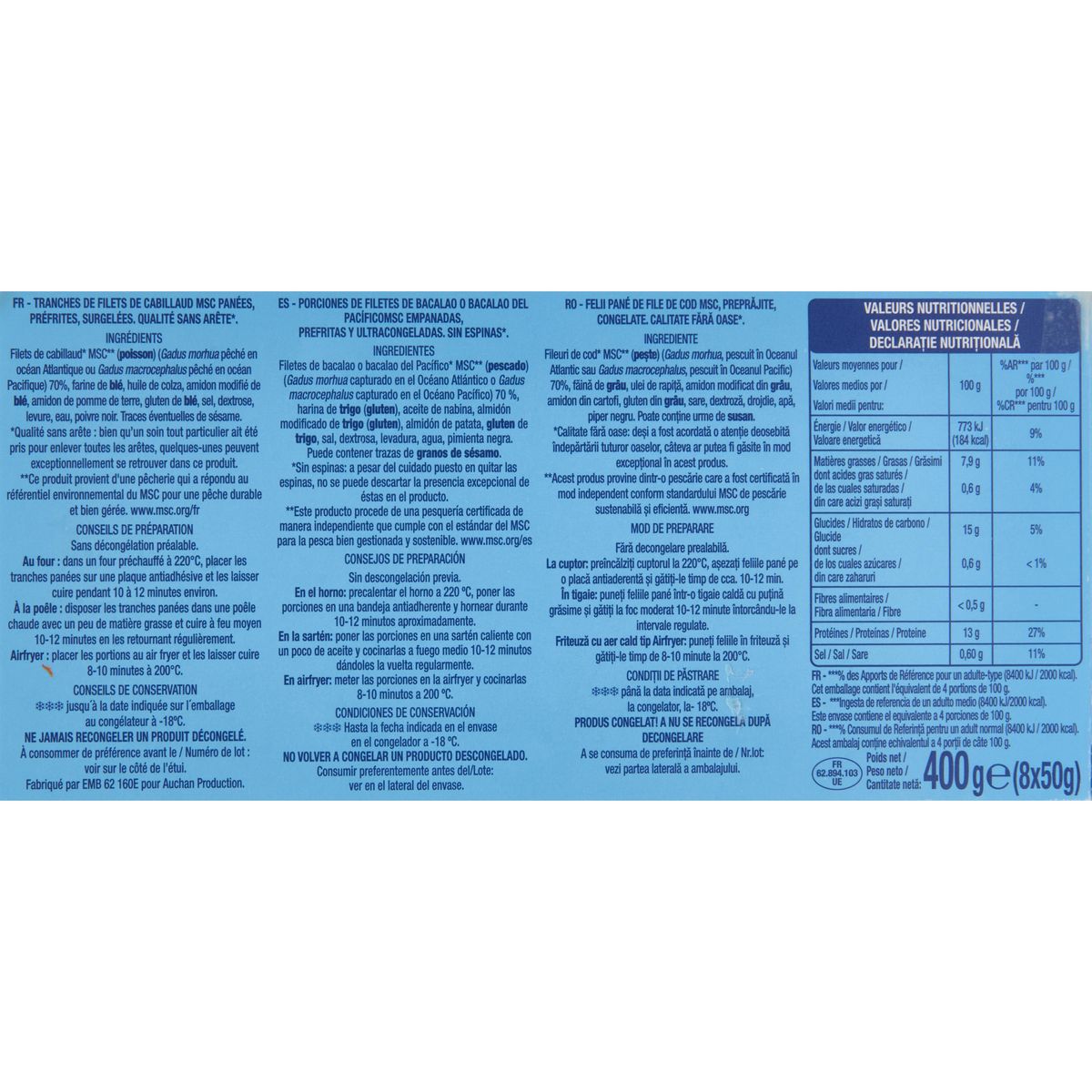 AUCHAN Tranches panées filet de cabillaud MSC 8 pièces 400g