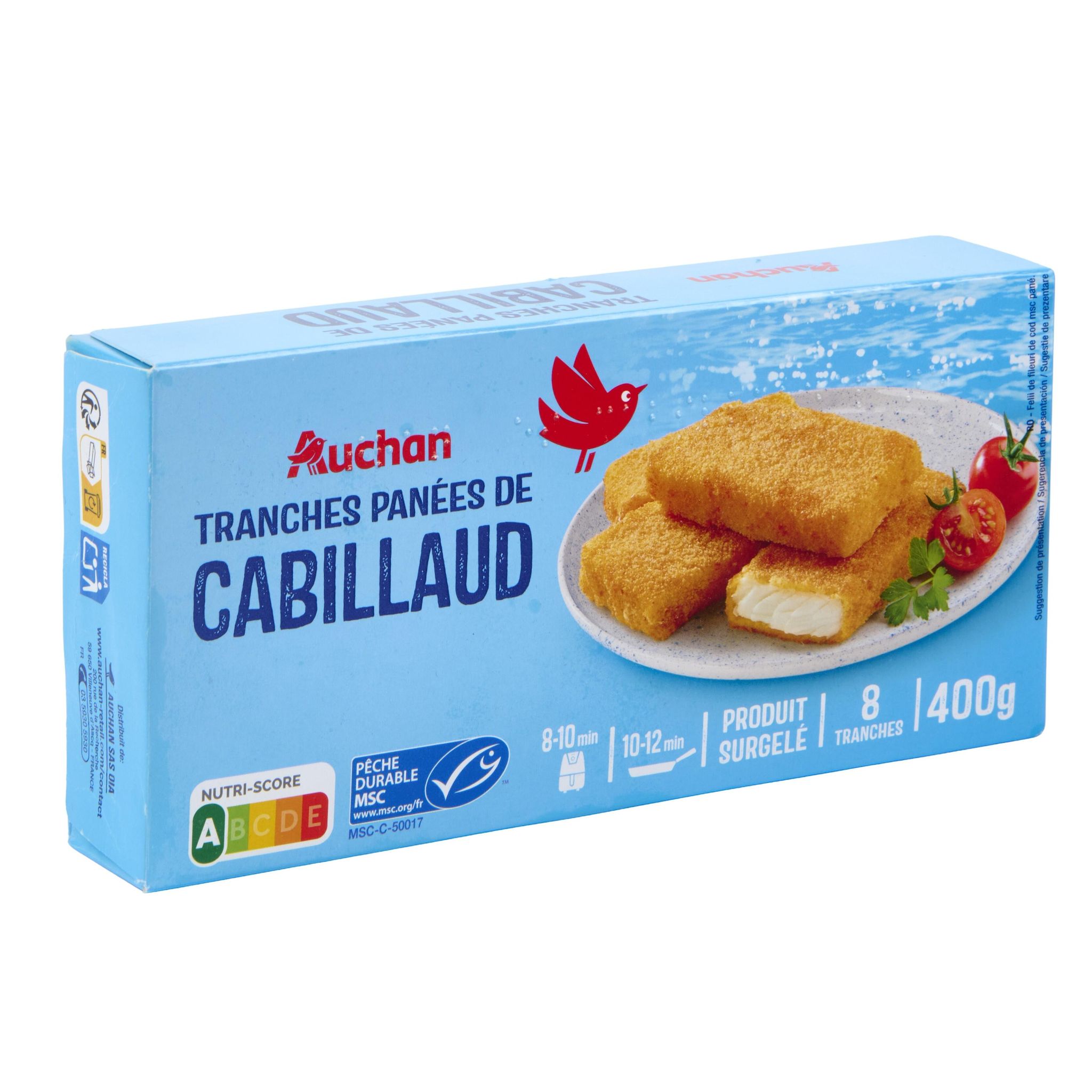Voir la diapositive 4 : AUCHAN Tranches panées filet de cabillaud MSC 8 pièces 400g