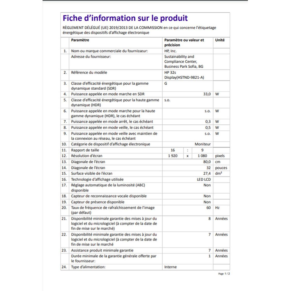 HP Ecran PC 32S - Noir et argent