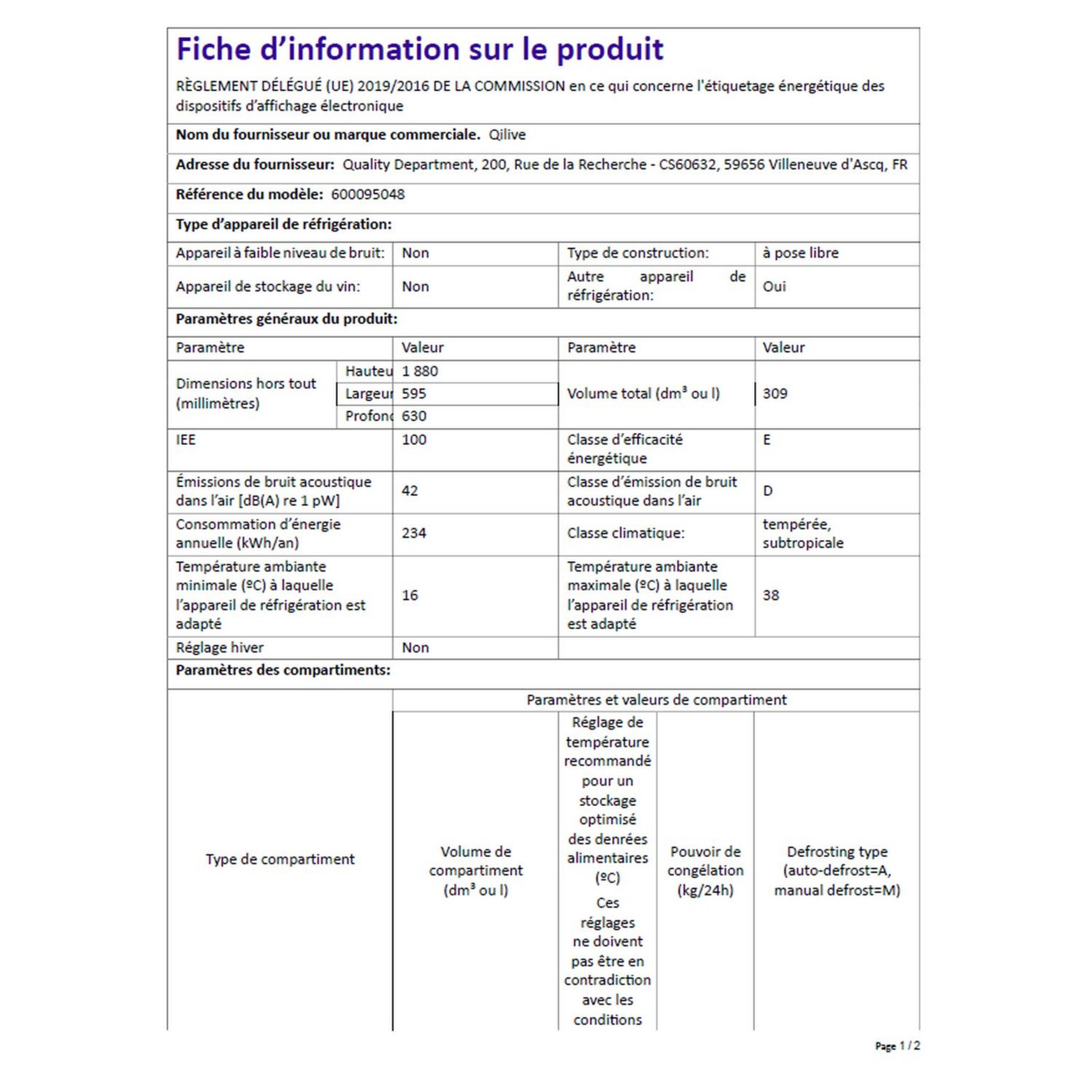 Voir la diapositive 3 : QILIVE Réfrigérateur combiné Q.6916, 309 L, Froid ventilé No frost, E