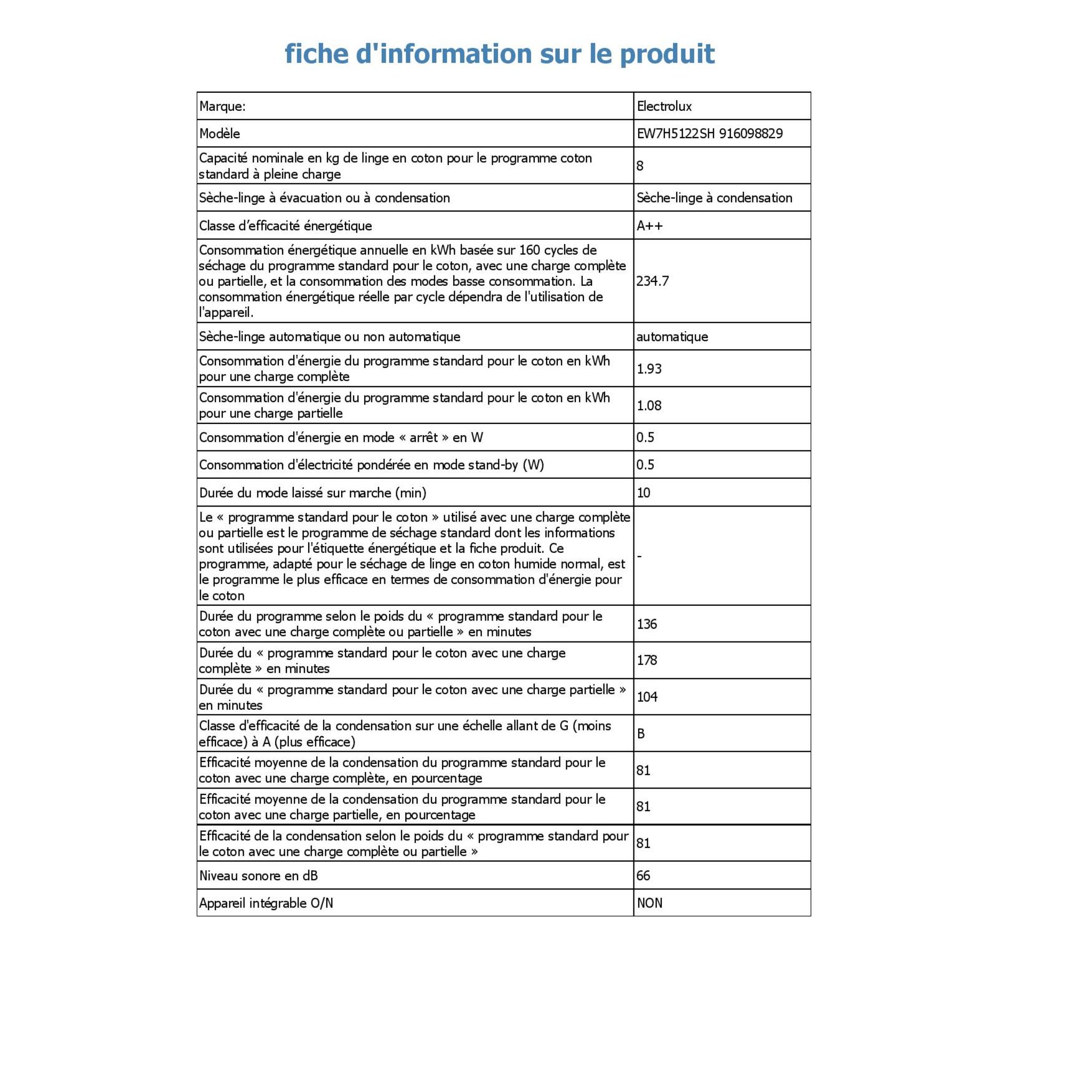Voir la diapositive 5 : ELECTROLUX Sèche linge hublot EW7H5122SH, 8 kg, Pompe à chaleur, A++