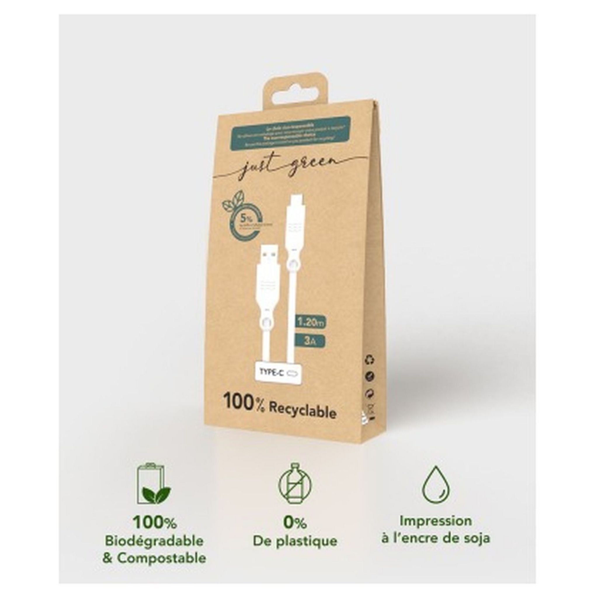 Voir la diapositive 3 : JUST GREEN Câble de charge USB A vers USB C - 3A - 1.2 m - Blanc