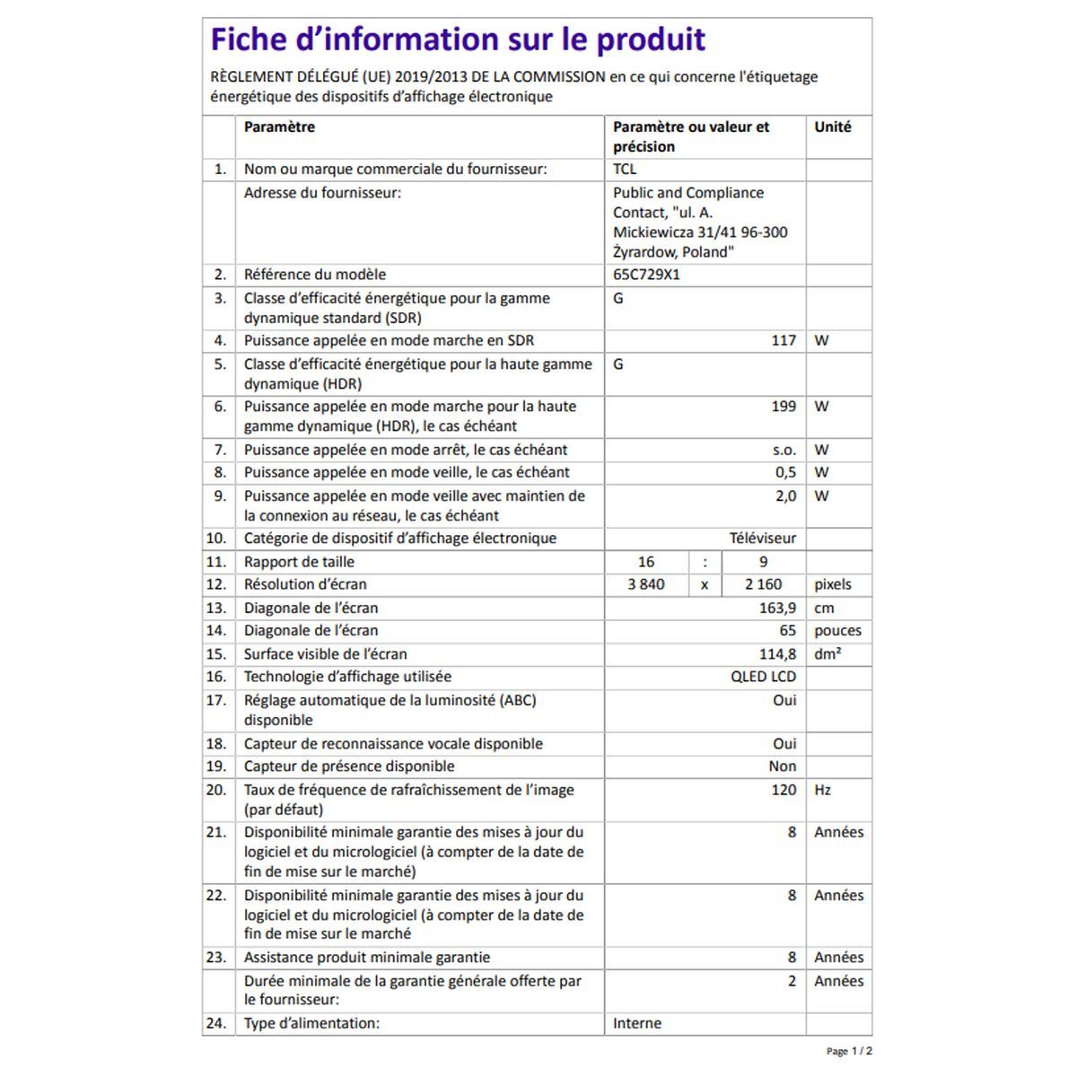 TCL 65C729 TV QLED 4K Ultra HD 165 cm Android TV