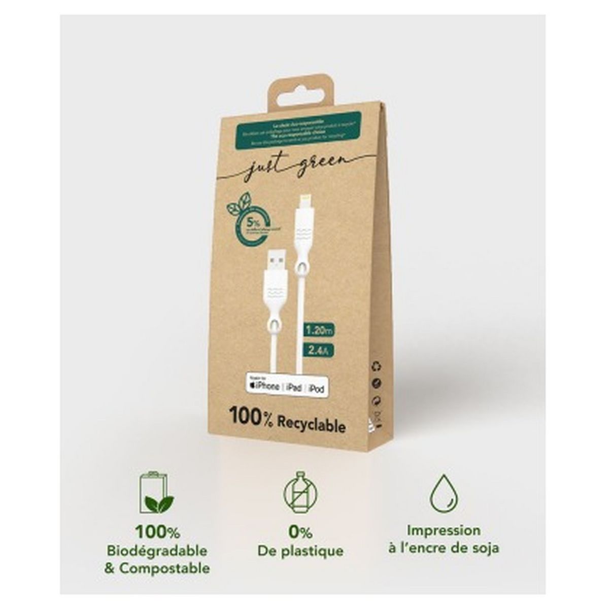 JUST GREEN Câble de charge USB A vers Lightning 2.4A - 1.2 m - Blanc