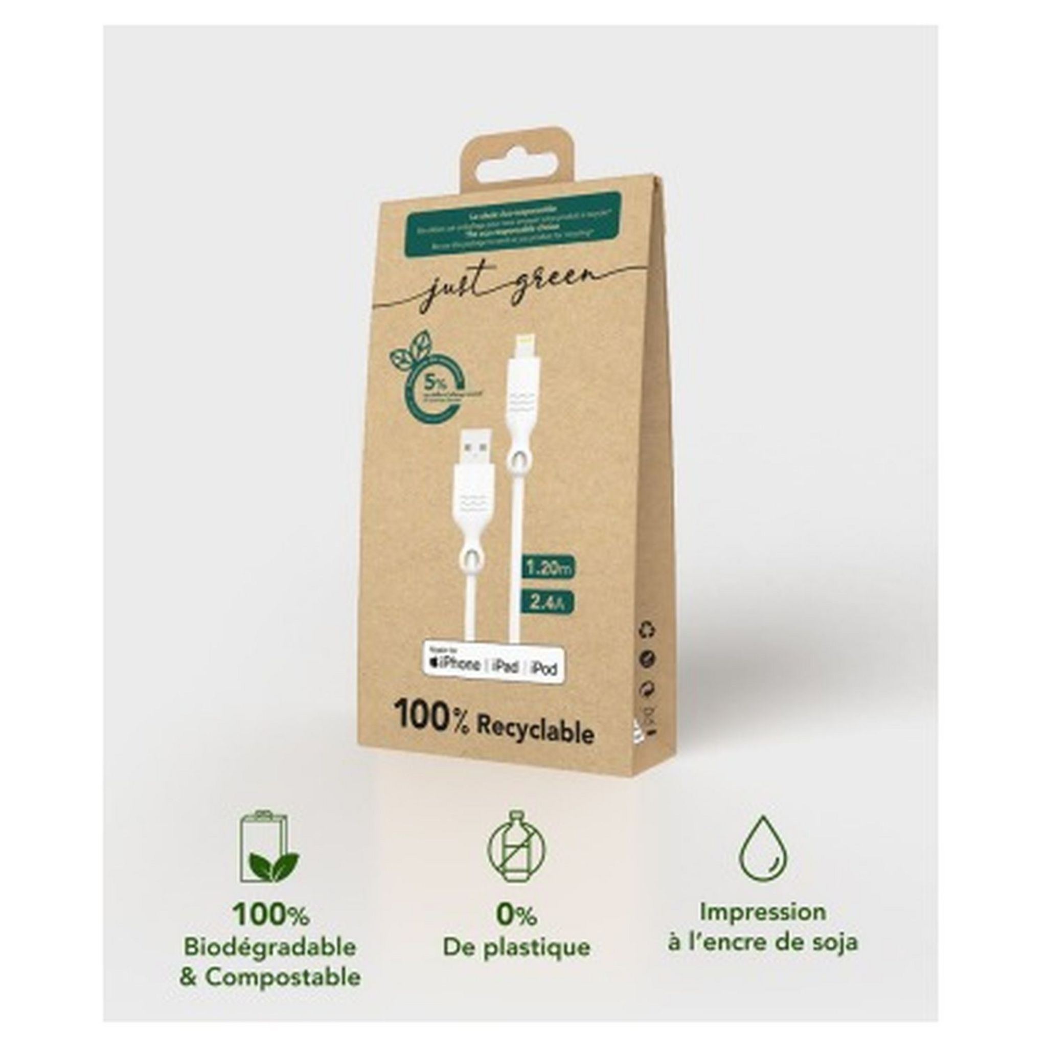 Voir la diapositive 2 : JUST GREEN Câble de charge USB A vers Lightning 2.4A - 1.2 m - Blanc