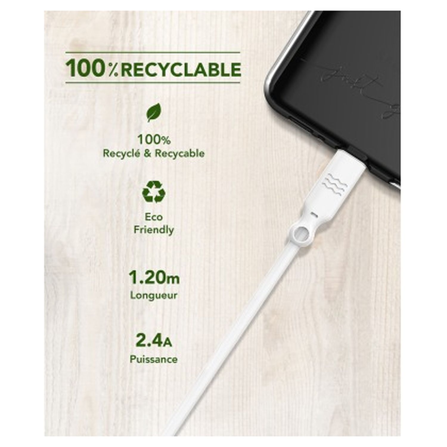 Voir la diapositive 3 : JUST GREEN Câble de charge USB A vers Lightning 2.4A - 1.2 m - Blanc