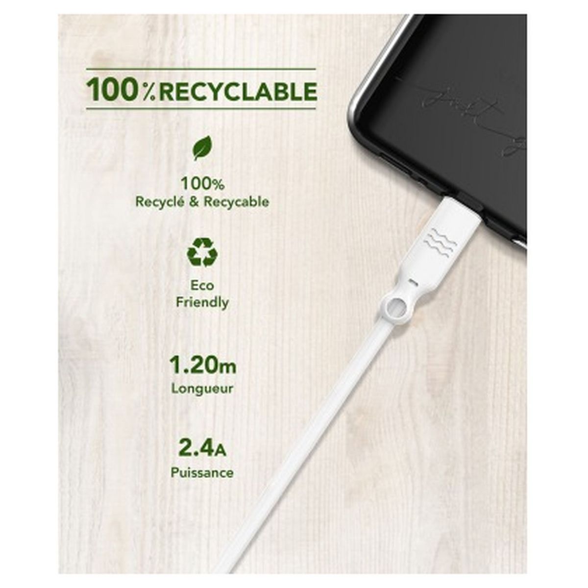 JUST GREEN Câble de charge USB A vers Lightning 2.4A - 1.2 m - Blanc