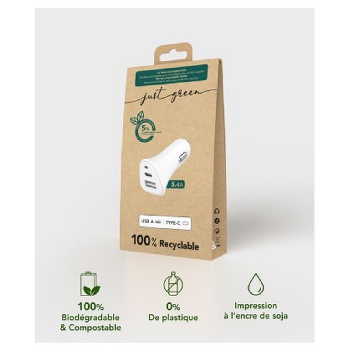 JUST GREEN Chargeur voiture USB A + USB C - 5.4A - Blanc