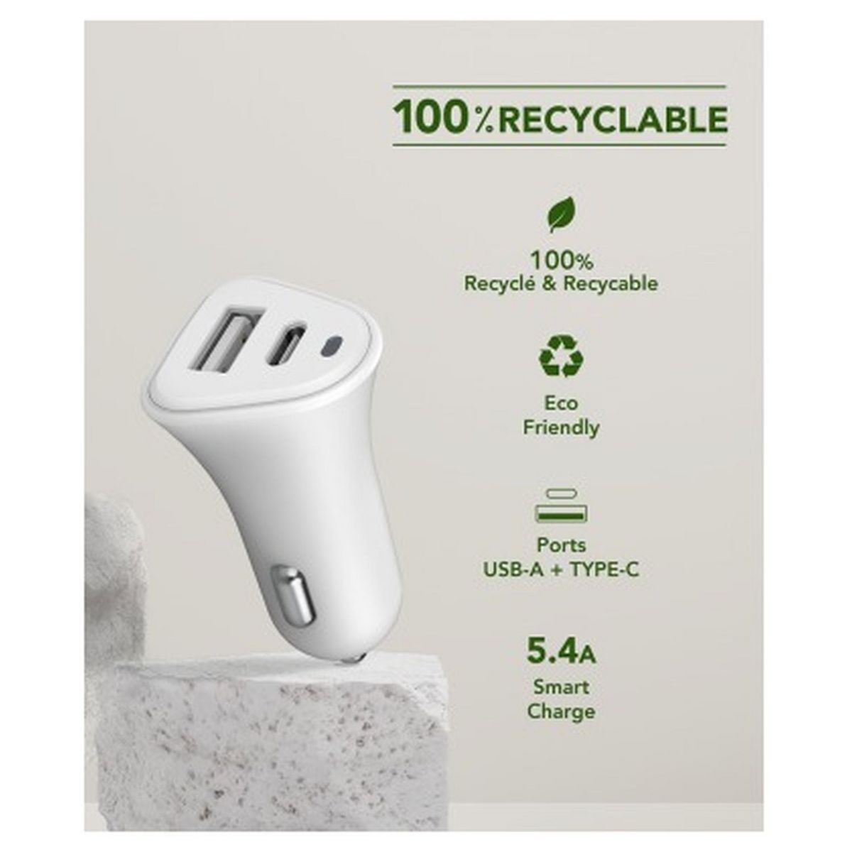 JUST GREEN Chargeur voiture USB A + USB C - 5.4A - Blanc