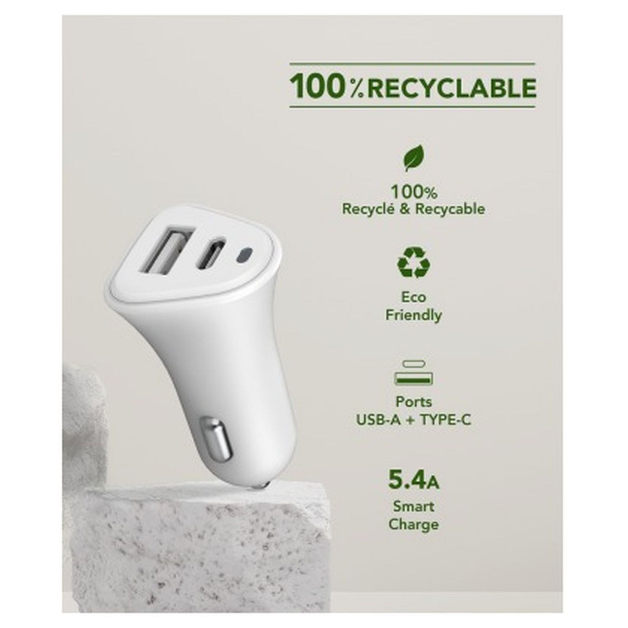 Voir la diapositive 5 : JUST GREEN Chargeur voiture USB A + USB C - 5.4A - Blanc