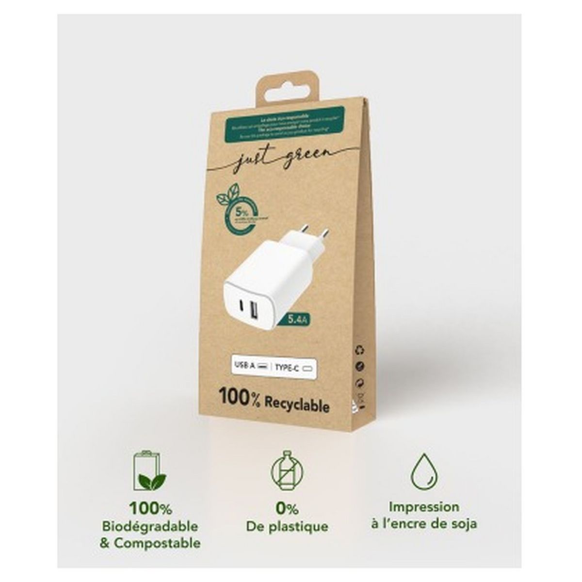 JUST GREEN Adaptateur Chargeur USB A + USB C - 5.4A - Blanc