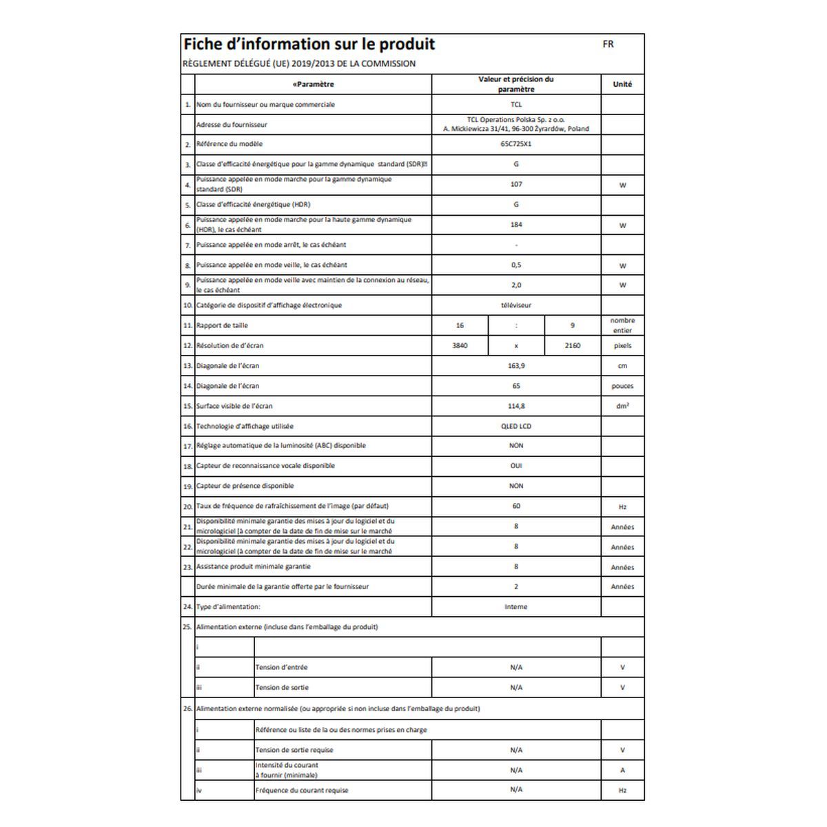 TCL 65C725 TV QLED 4K ULTRA HD 164 cm Android TV