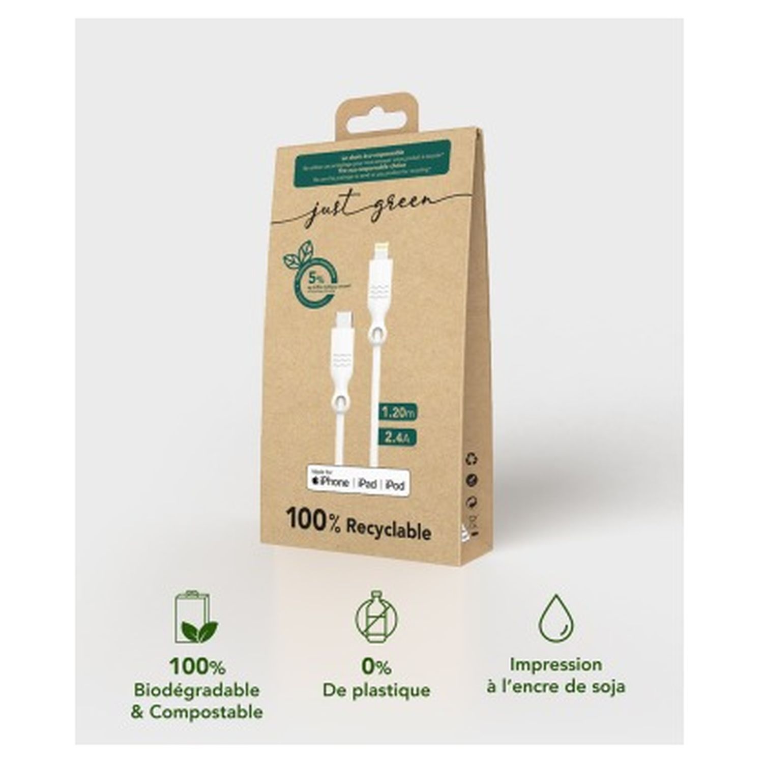 Voir la diapositive 3 : JUST GREEN Câble de charge USB C vers Lightning - 3A - 1.2 m - Blanc