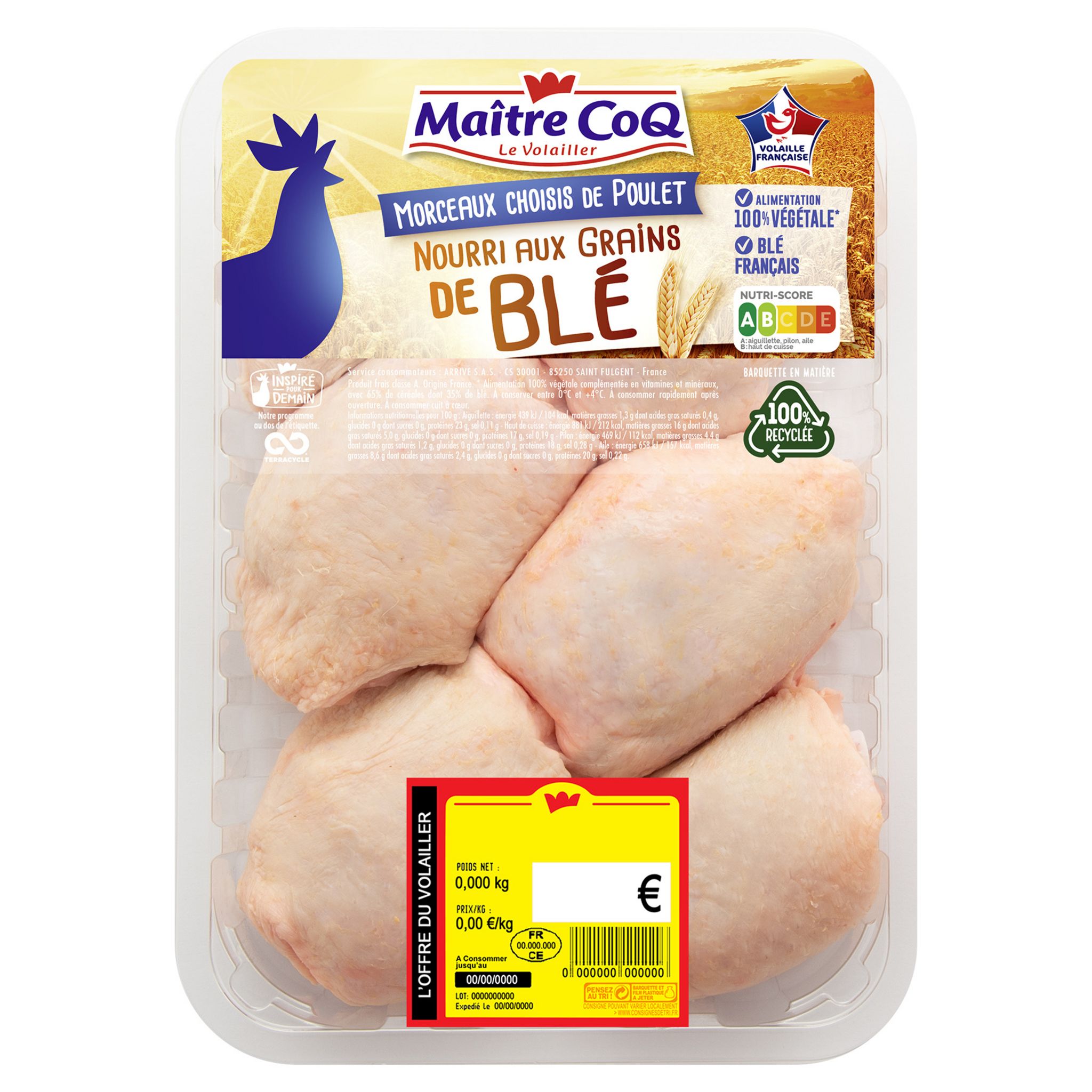 MAITRE COQ Haut de cuisses de poulet nourri aux grains de blé 750g