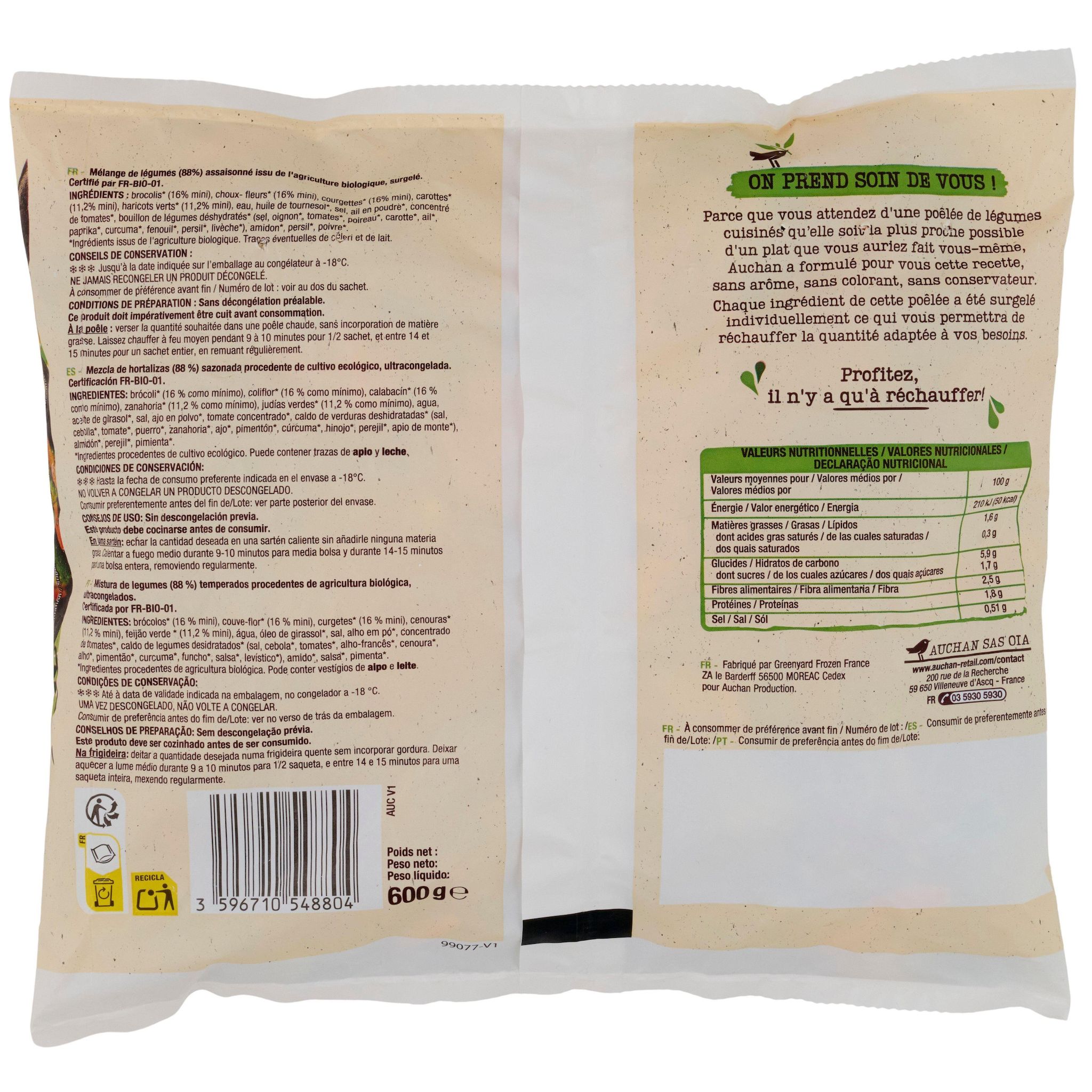 Voir la diapositive 2 : AUCHAN BIO Poêlée de légumes à la bretonne 4 portions 600g