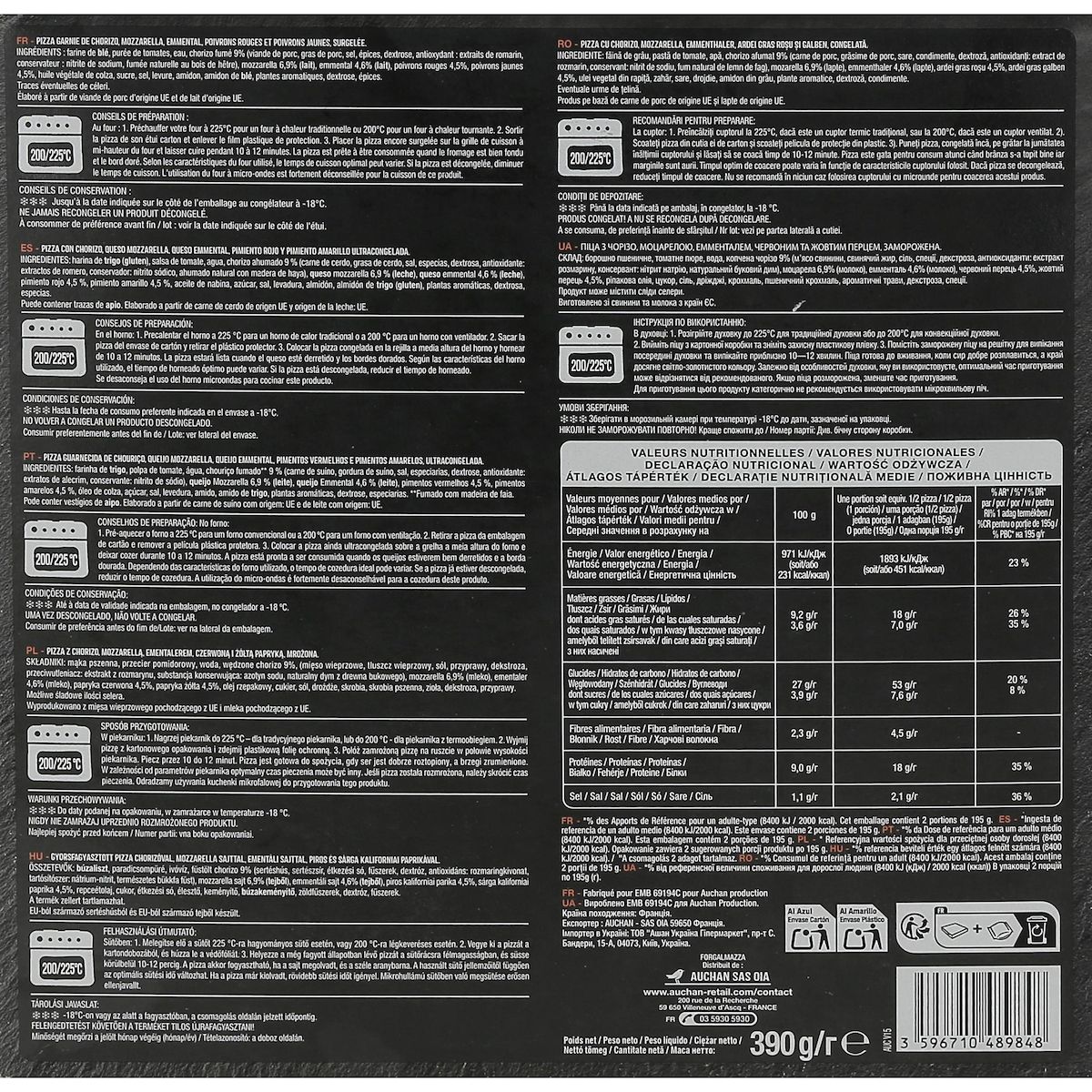 AUCHAN Pizza au chorizo cuite sur pierre 390g