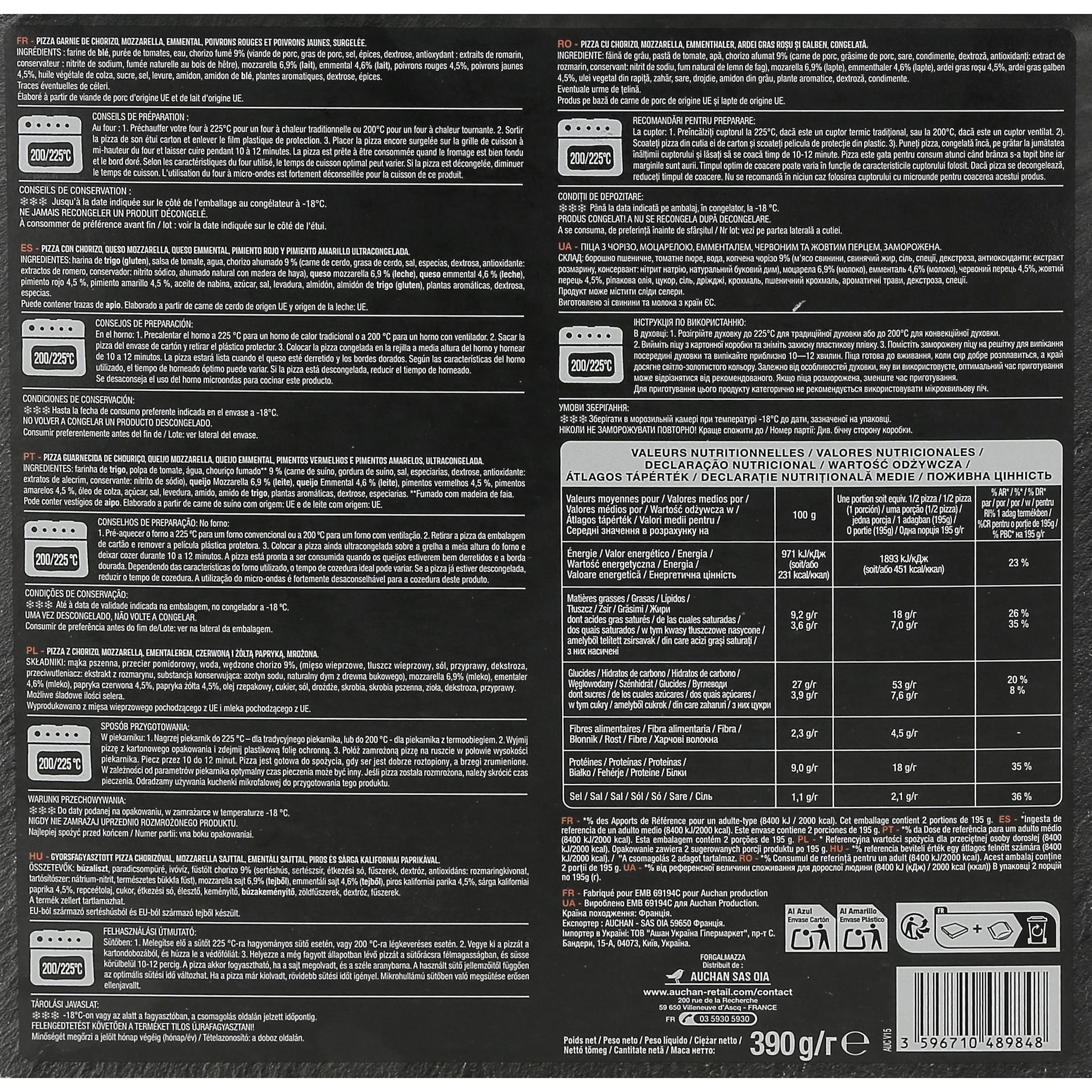 Voir la diapositive 2 : AUCHAN Pizza au chorizo cuite sur pierre 390g