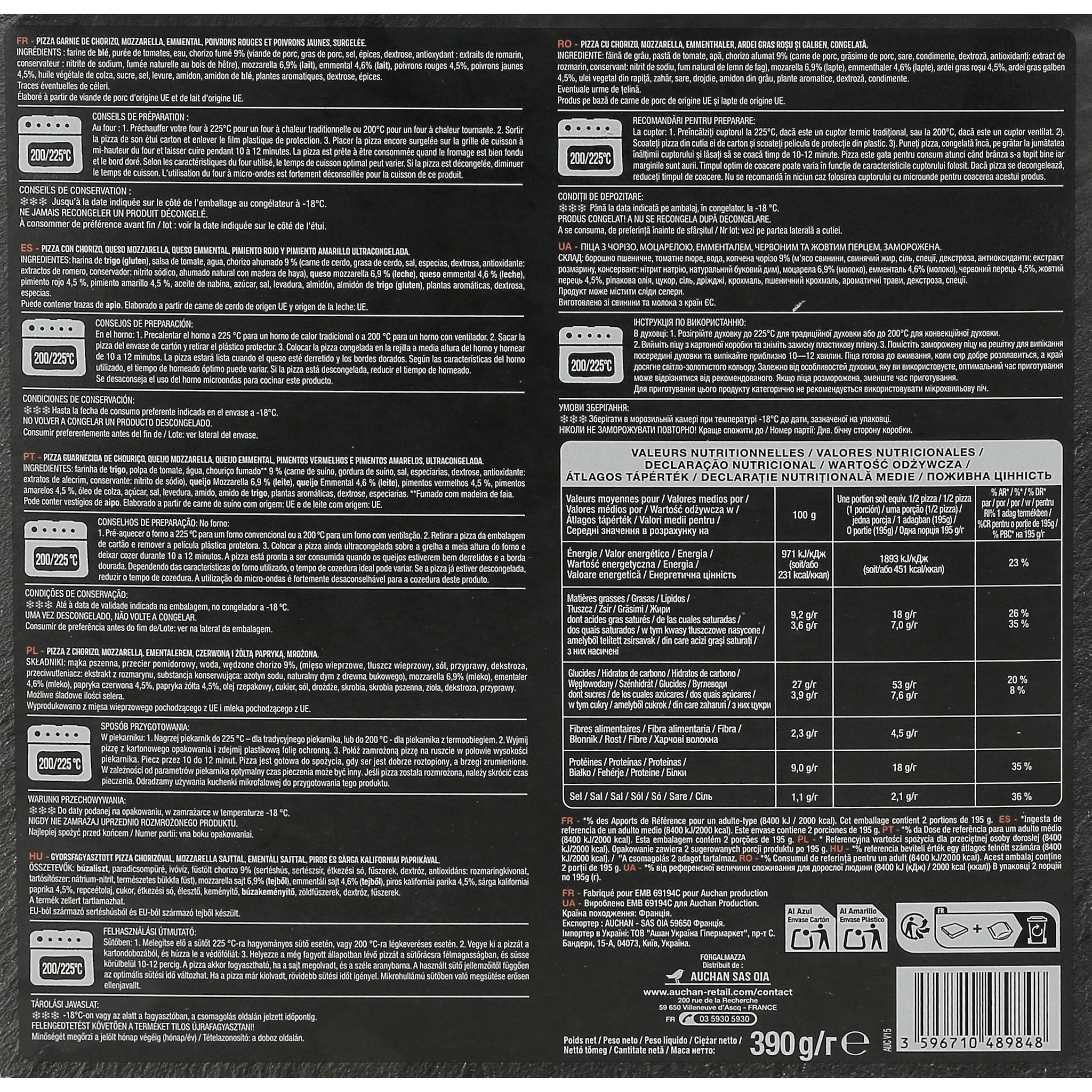 Voir la diapositive 3 : AUCHAN Pizza au chorizo cuite sur pierre 390g