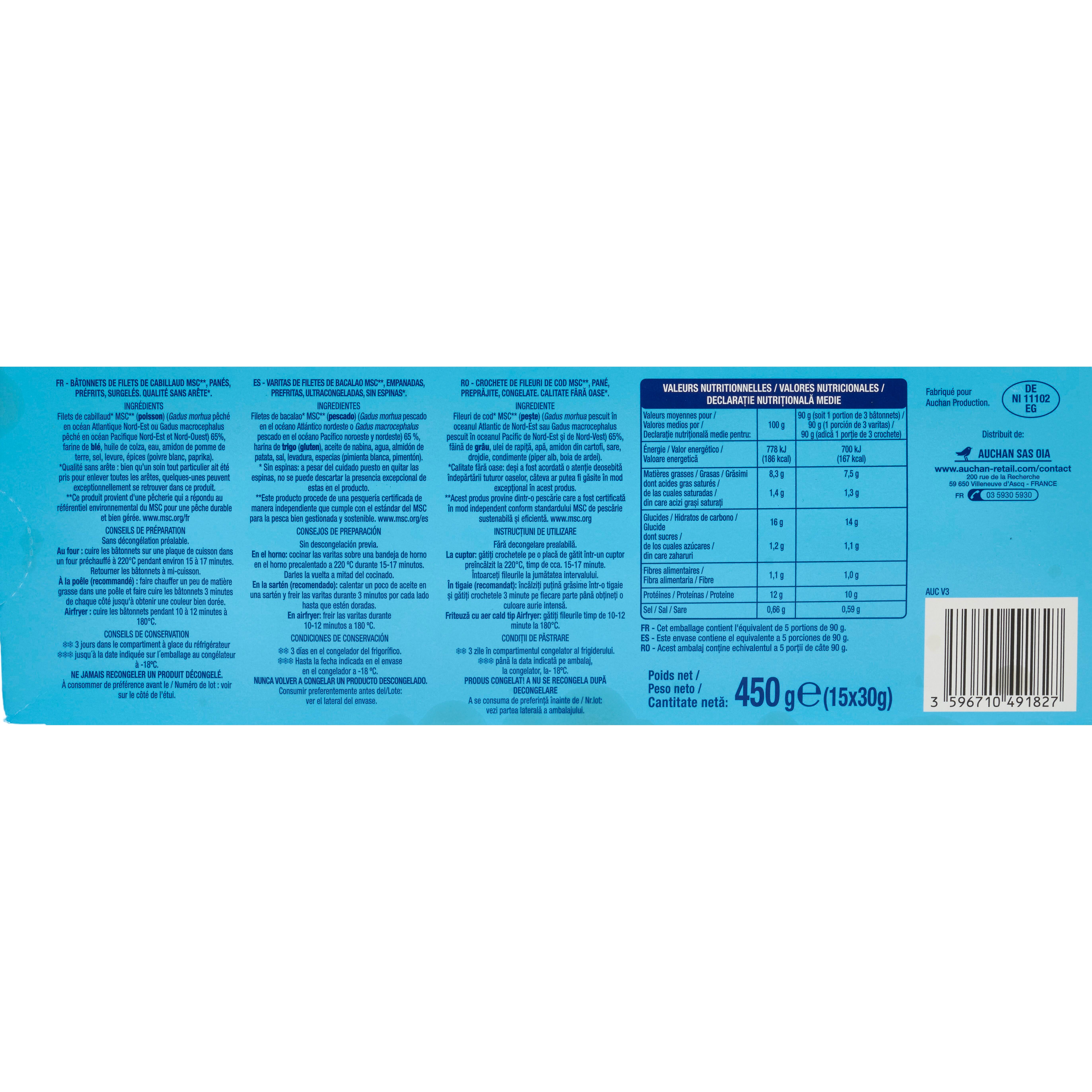 Voir la diapositive 2 : AUCHAN Bâtonnets de cabillaud panés 450g