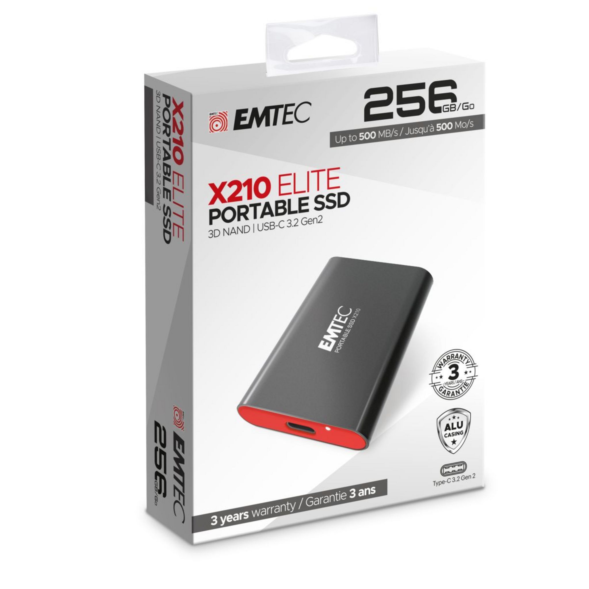 Voir la diapositive 2 : EMTEC Disque Dur SSD X210 256 Go - Câble USB 3.2 - Noir et Rouge