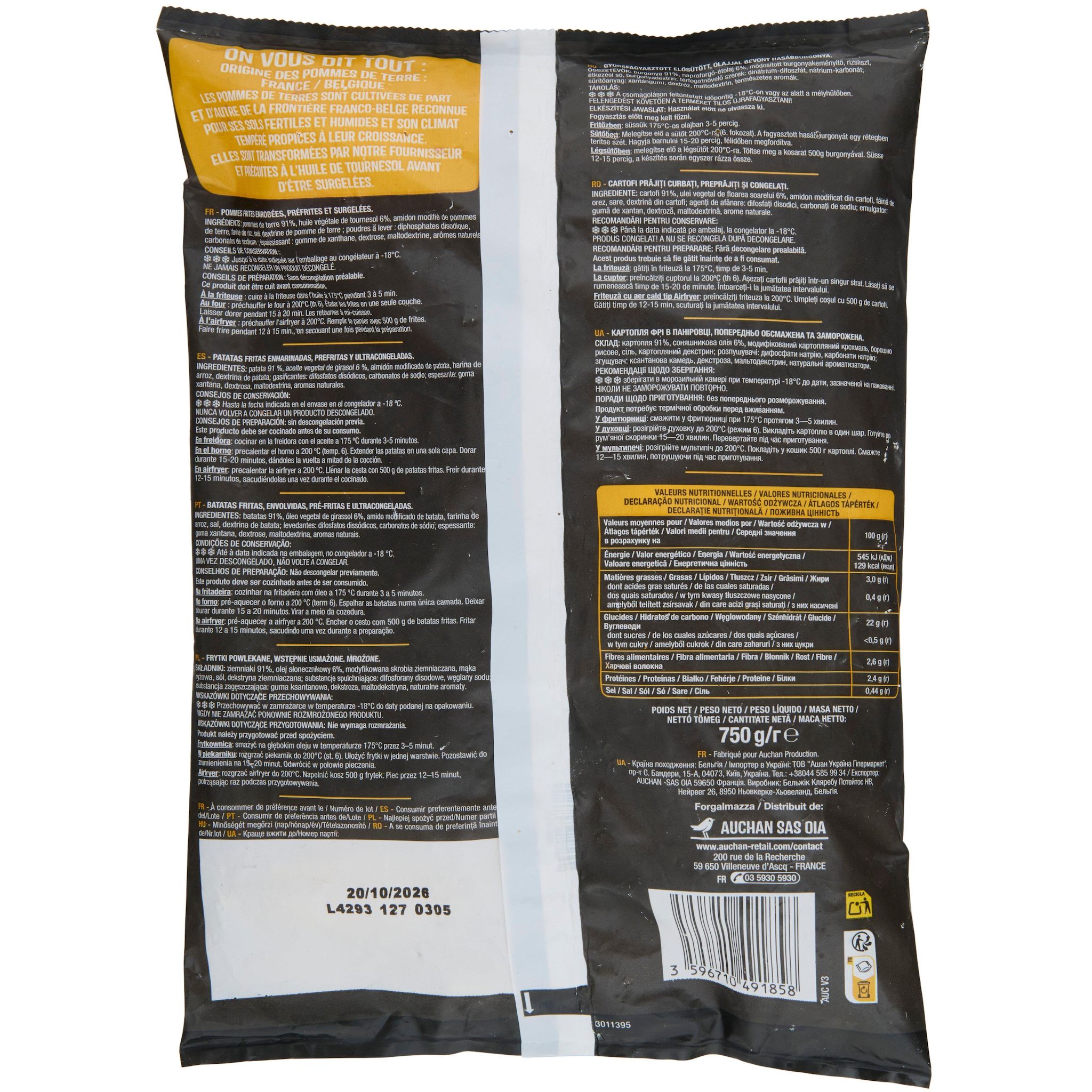 Voir la diapositive 2 : AUCHAN Frites curv' 750g