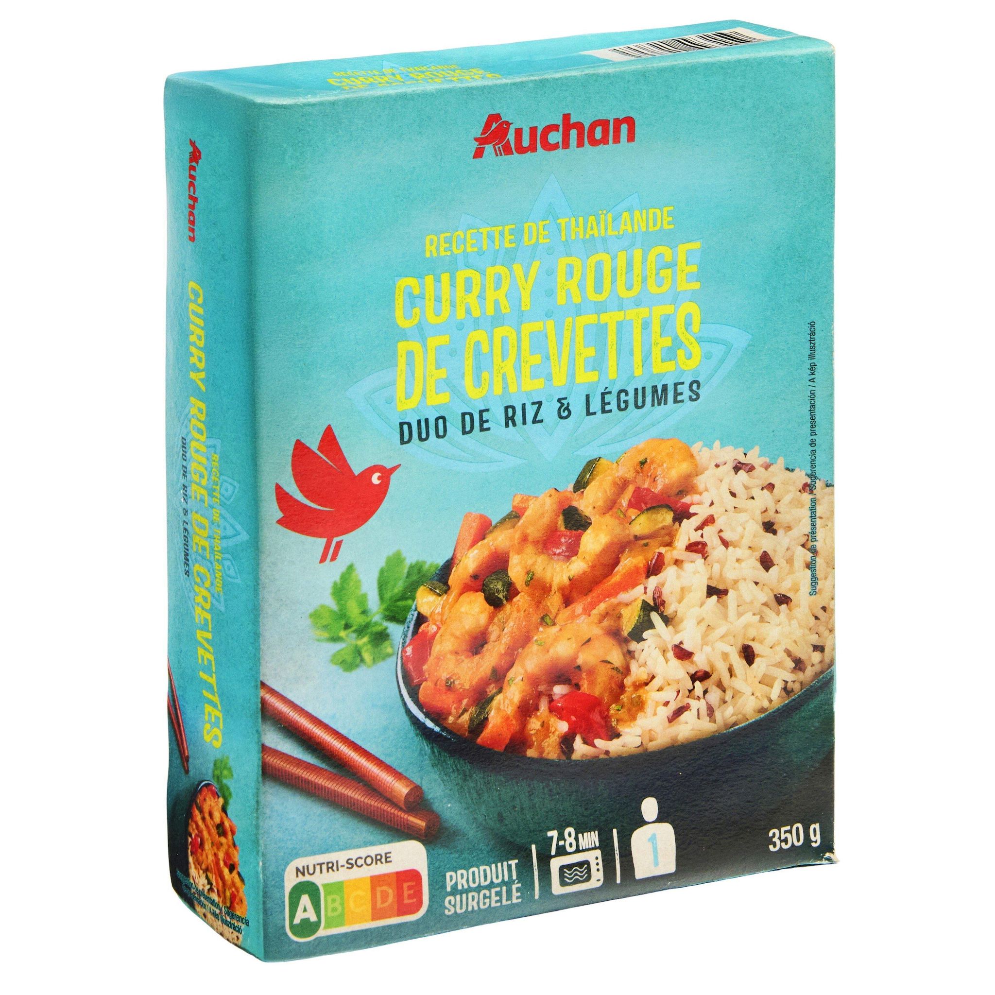 Voir la diapositive 2 : AUCHAN Curry rouge de crevettes, duo de riz et légumes 1 portion 350g