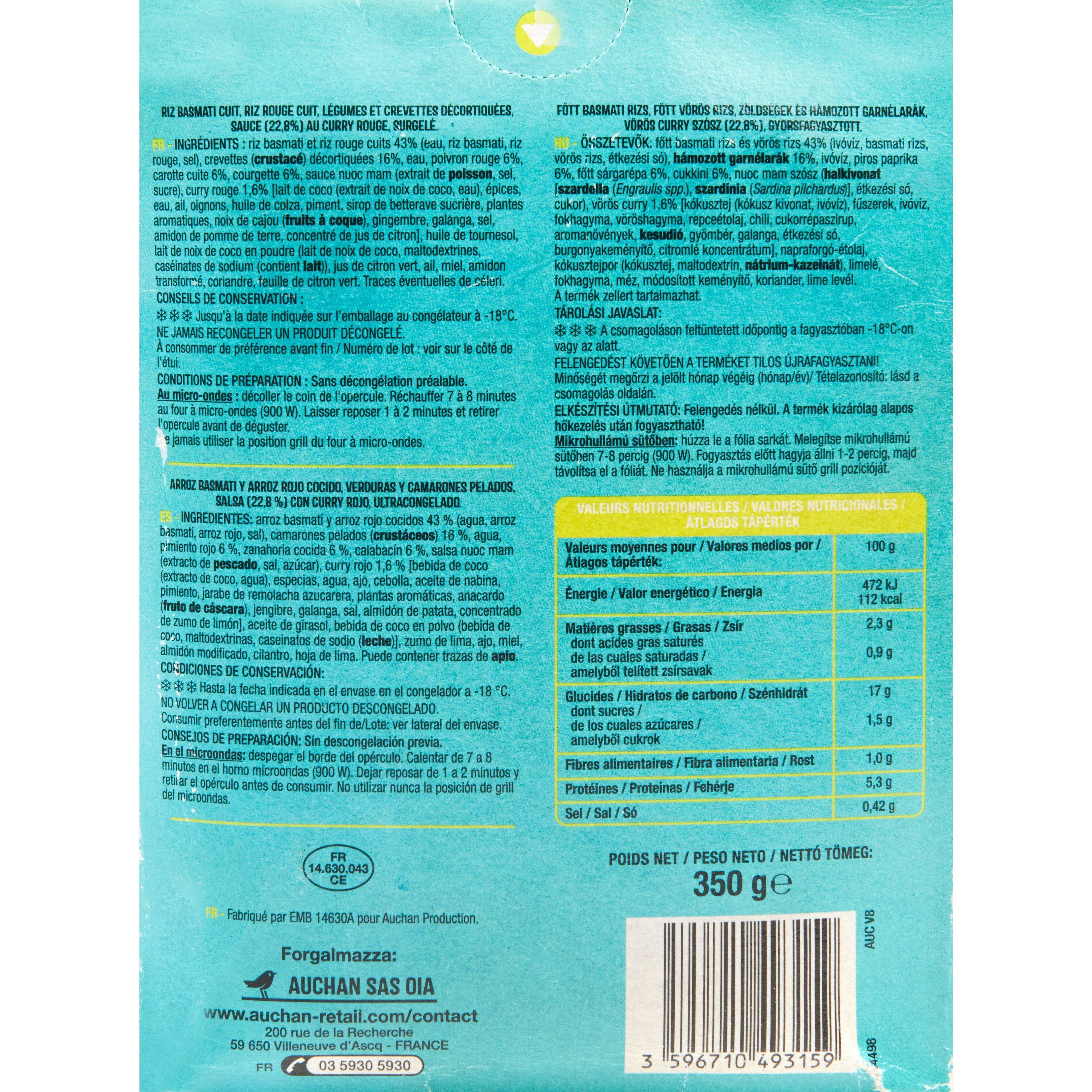 Voir la diapositive 3 : AUCHAN Curry rouge de crevettes, duo de riz et légumes 1 portion 350g