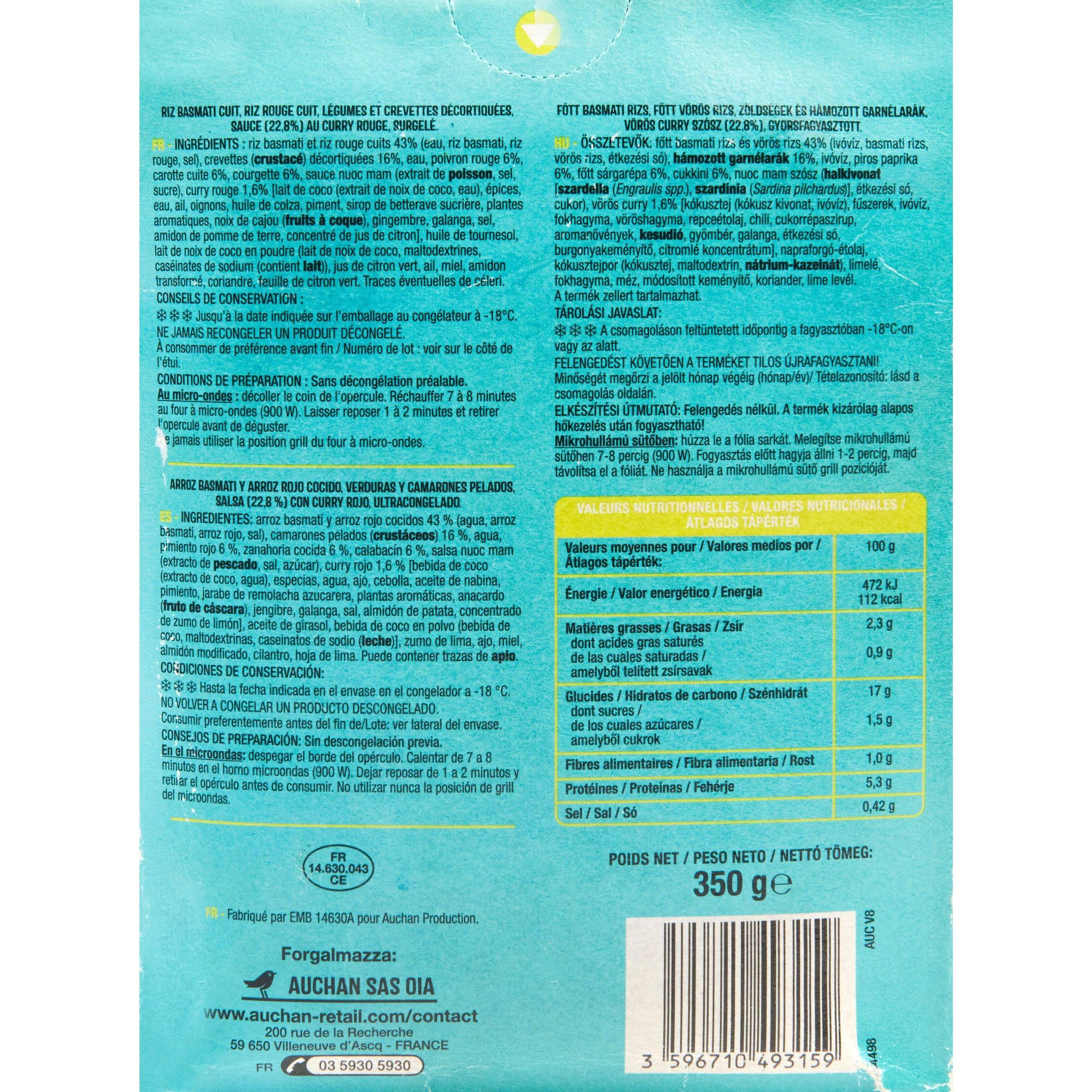 Voir la diapositive 3 : AUCHAN Curry rouge de crevettes, duo de riz et légumes 1 portion 350g