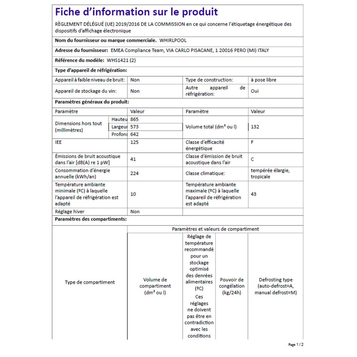 WHIRLPOOL Congélateur coffre WHS1421, 132 L, Froid statique