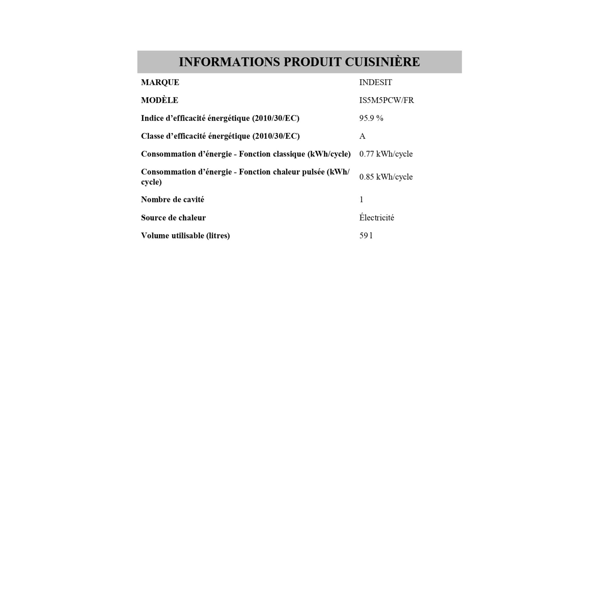 Voir la diapositive 4 : INDESIT Cuisinière mixte IS5M5PCW/F, 50 cm, 3 foyers à gaz, 1 électrique, Four multifonction, Nettoyage catalyse