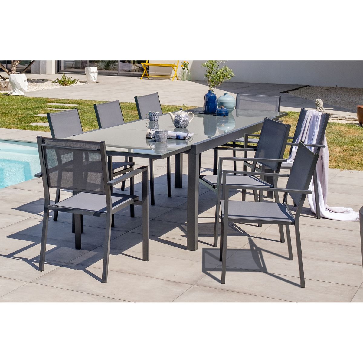 Salon de jardin - 8 places - Aluminium/Textilène - Anthracite - TOLEDE