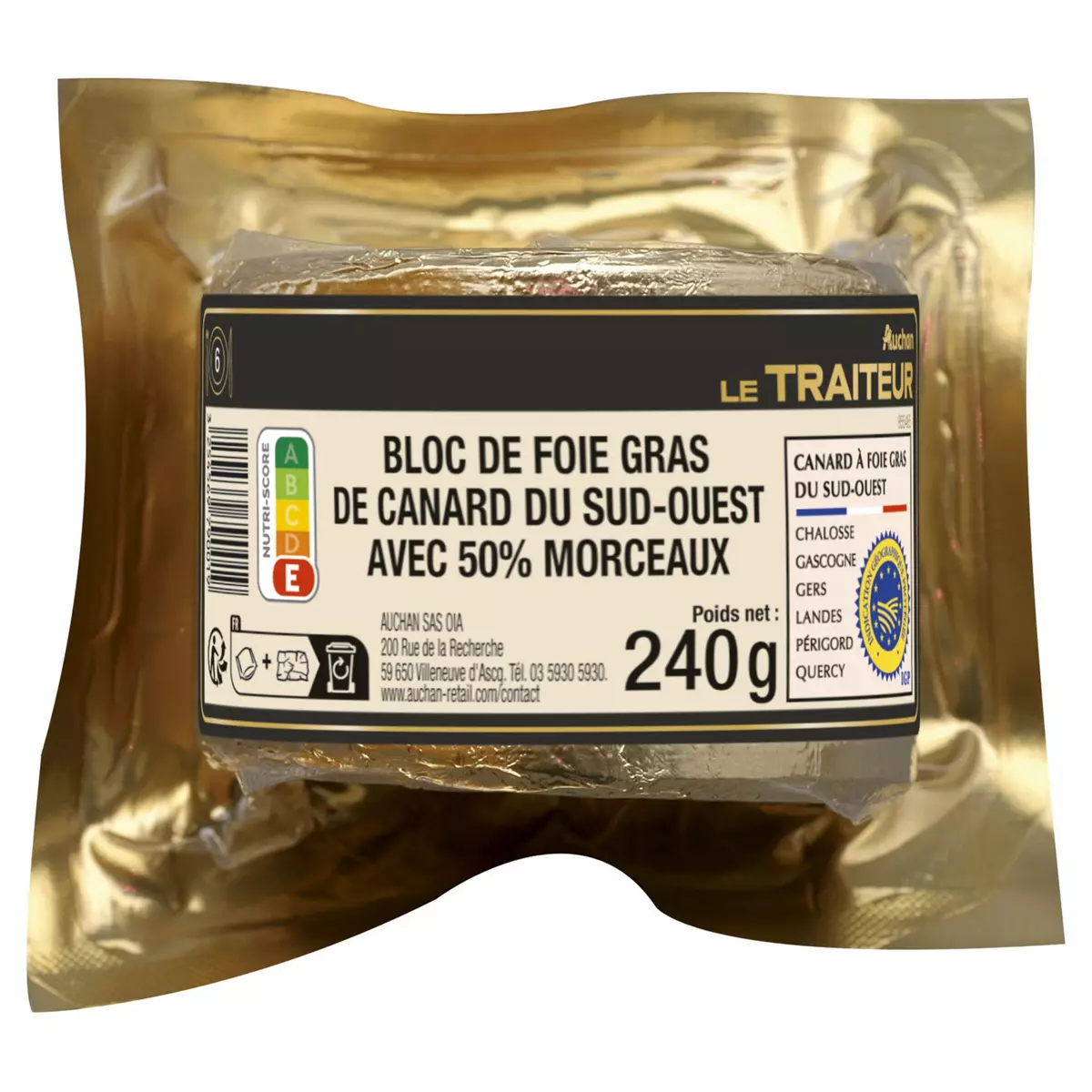AUCHAN LE TRAITEUR Bloc de foie gras de canard du sud-ouest avec 50% de morceaux  240g