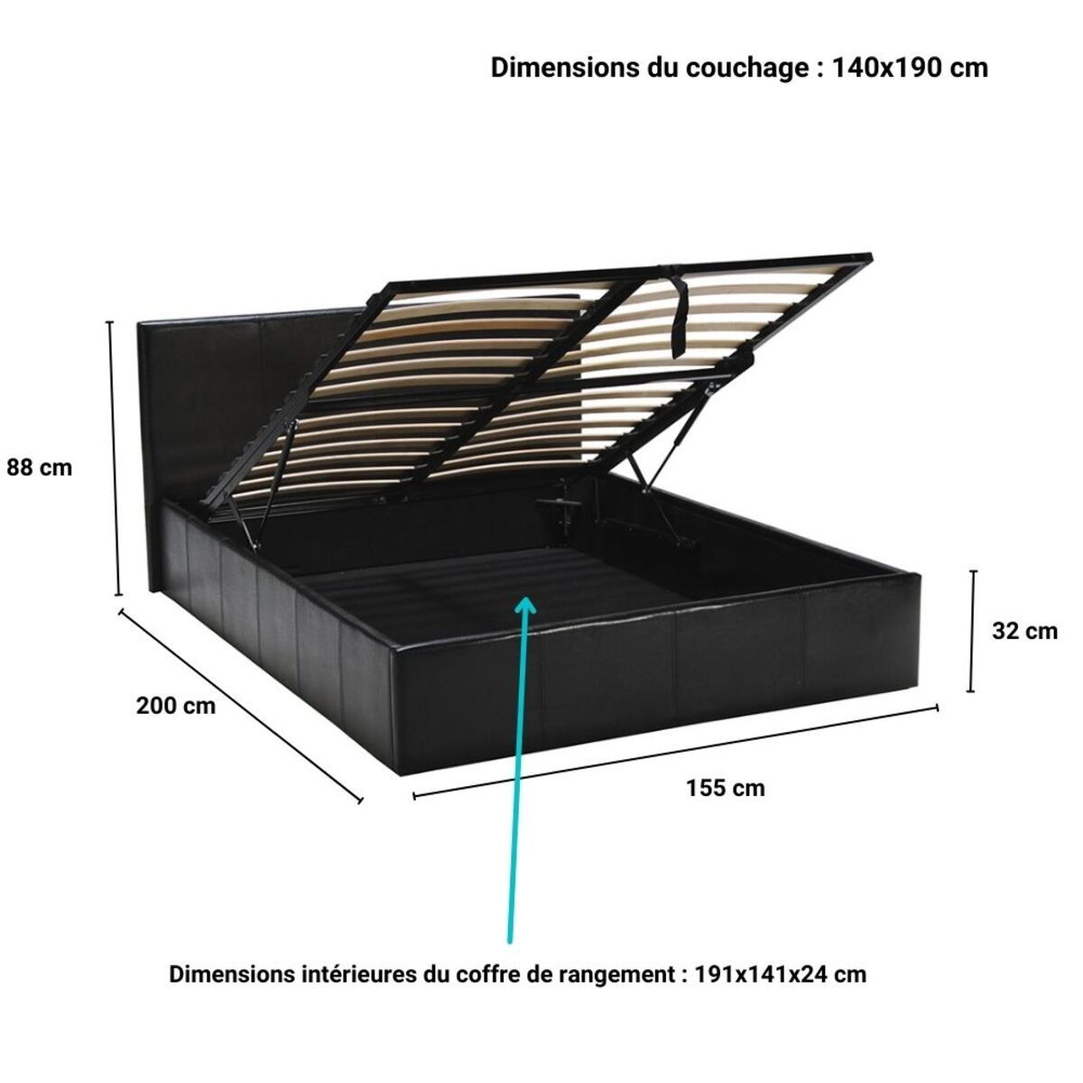 Lit coffre 140 x 190 cm avec tête de lit et sommier COSTA