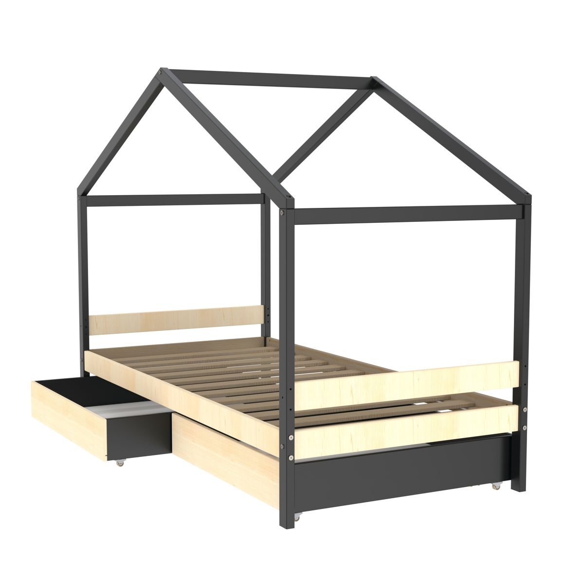 Lit cabane enfant 90 x 190 cm + 2 tiroirs + sommier WOOD