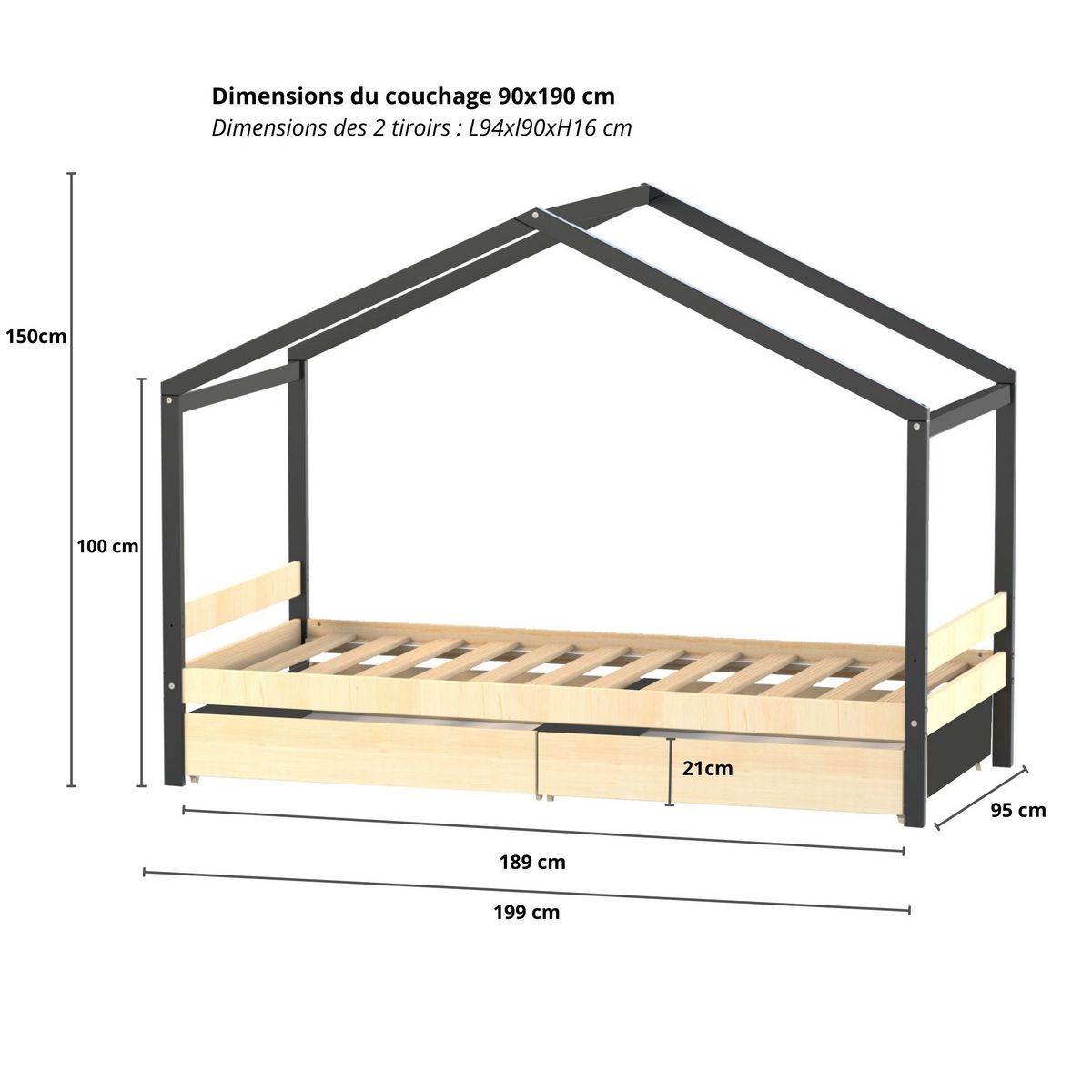 Lit cabane enfant 90 x 190 cm + 2 tiroirs + sommier WOOD