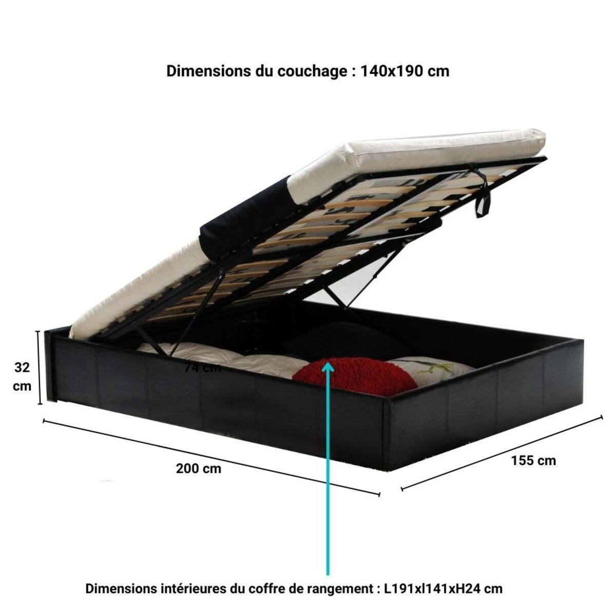 Lit coffre adulte 140 x 190 cm + sommier TIVOLI