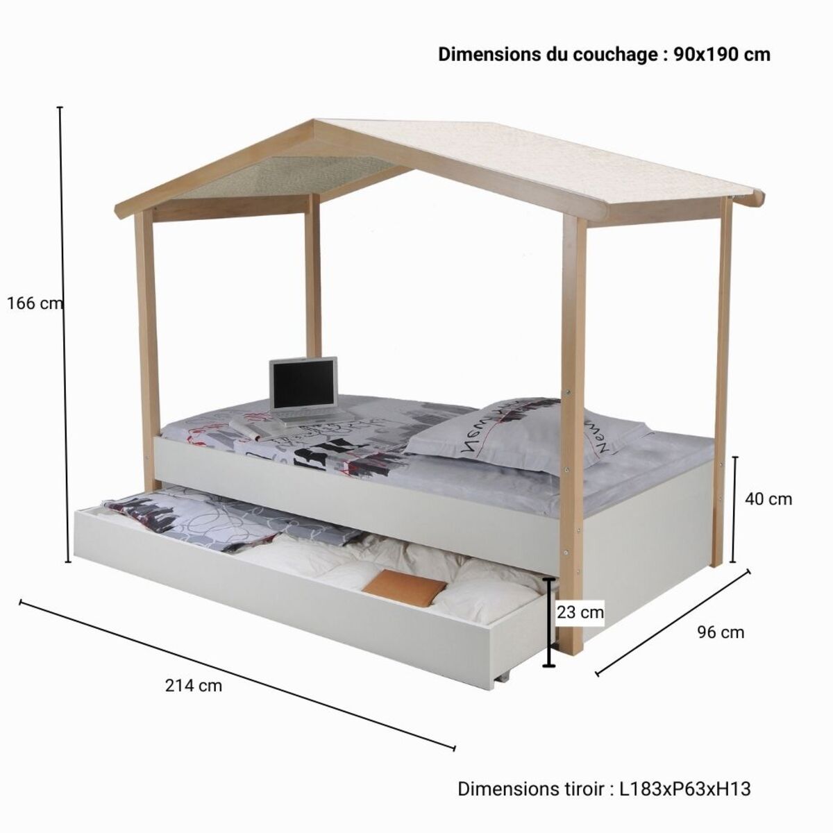 Lit cabane enfant 90 x 190 cm avec tiroir de rangement + sommier ESTELLE