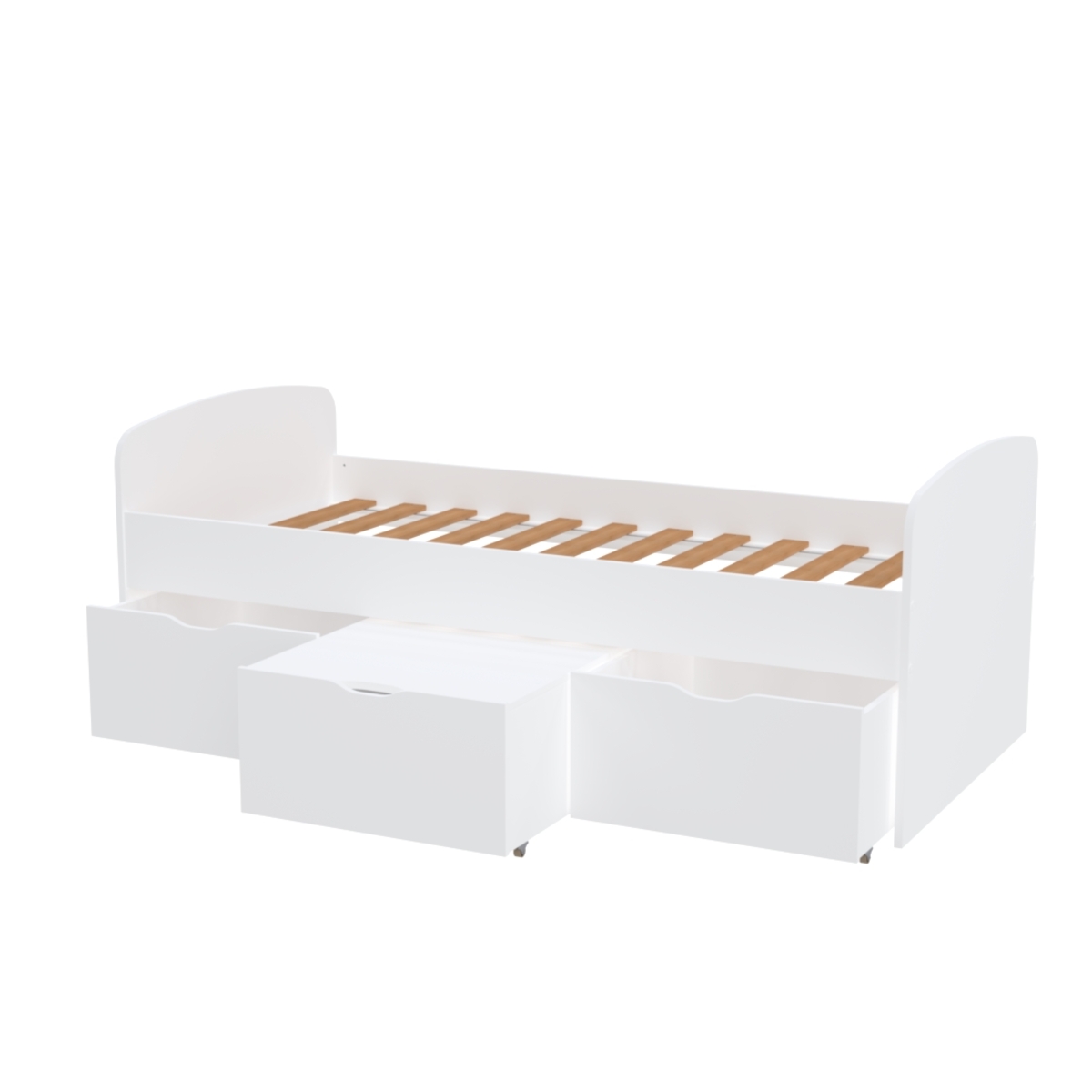 Voir la diapositive 2 : Lit enfant 90 x 190 cm + 3 tiroirs dont 1 table basse + 1 sommier laqué blanc SIA
