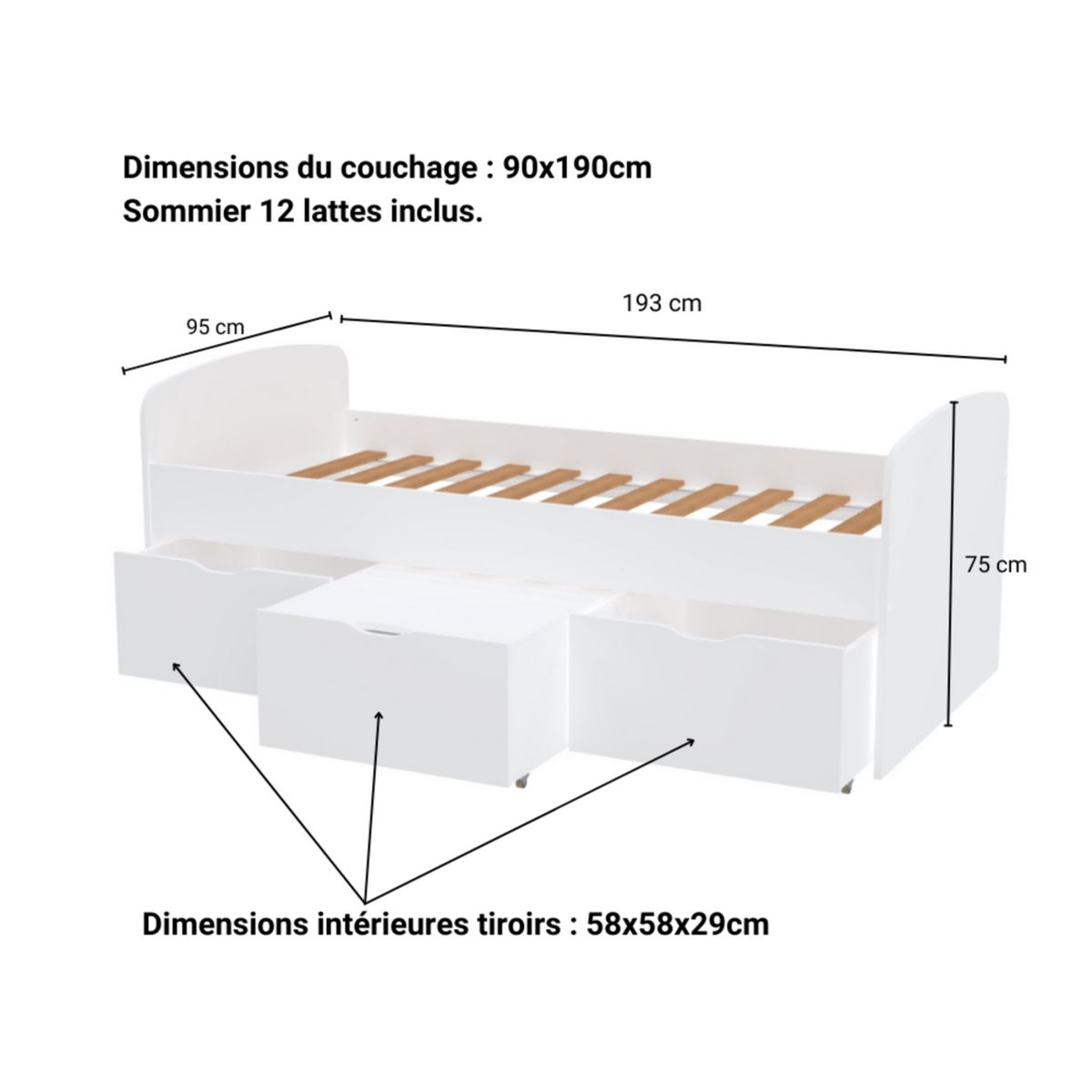 Lit enfant 90 x 190 cm + 3 tiroirs dont 1 table basse + 1 sommier laqué blanc SIA