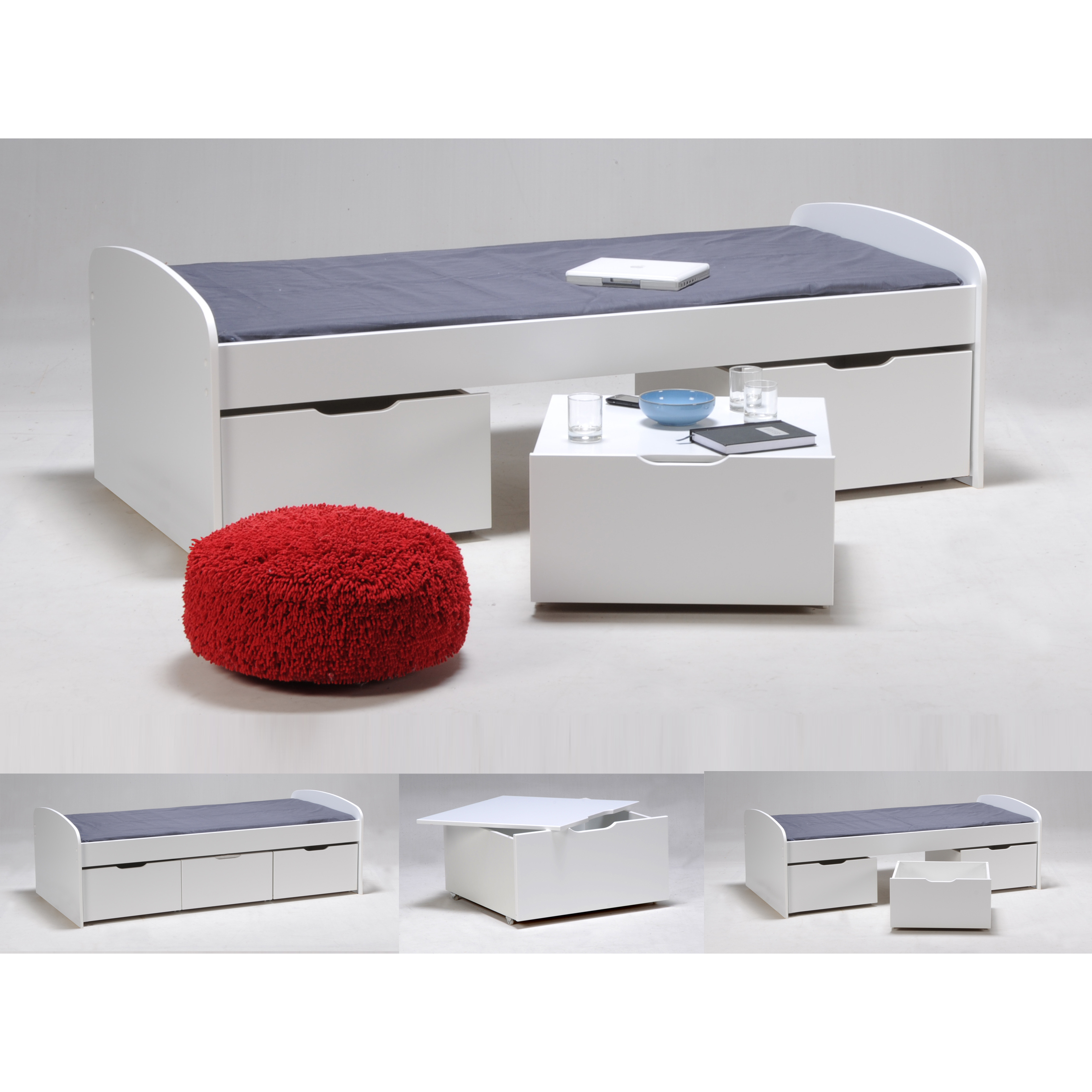 Voir la diapositive 4 : Lit enfant 90 x 190 cm + 3 tiroirs dont 1 table basse + 1 sommier laqué blanc SIA