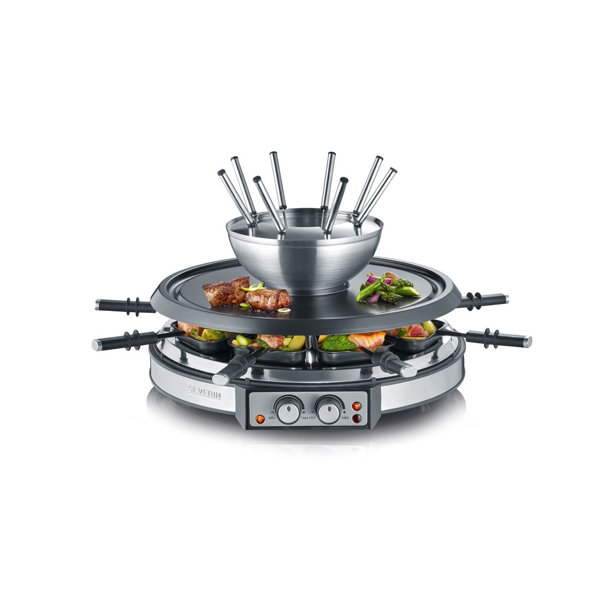 Voir la diapositive 2 : SEVERIN Appareil à raclette / fondue 8 personnes RG 9948 - Inox brossé