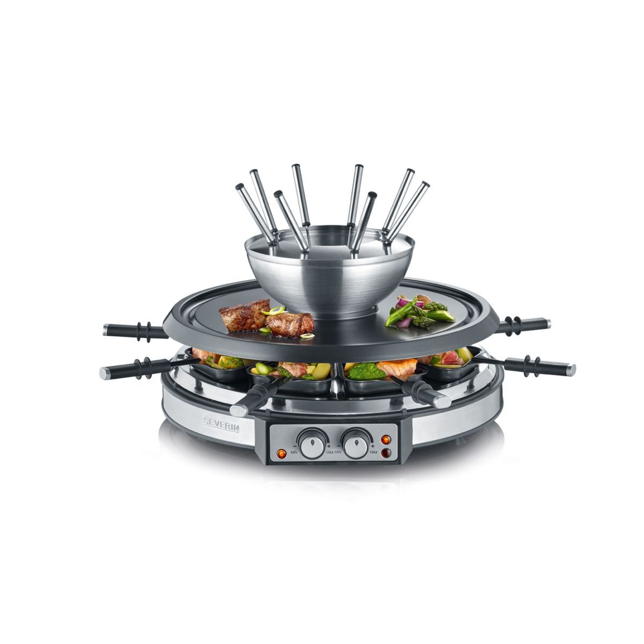 Voir la diapositive 2 : SEVERIN Appareil à raclette / fondue 8 personnes RG 9948 - Inox brossé