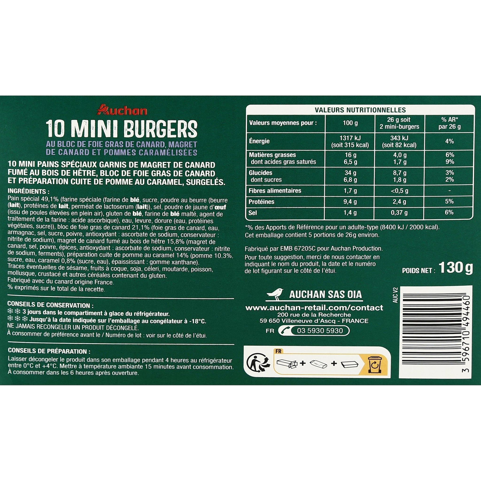 Voir la diapositive 2 : AUCHAN Mini-burgers au foie gras et magret de canard pommes caramélisées 10 pièces 130g
