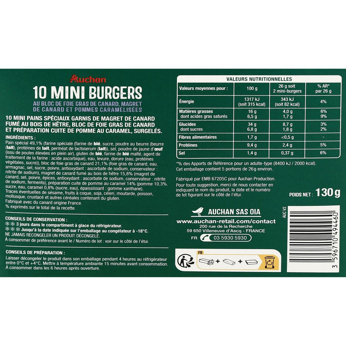 AUCHAN Mini-burgers au foie gras et magret de canard pommes caramélisées 10 pièces 130g