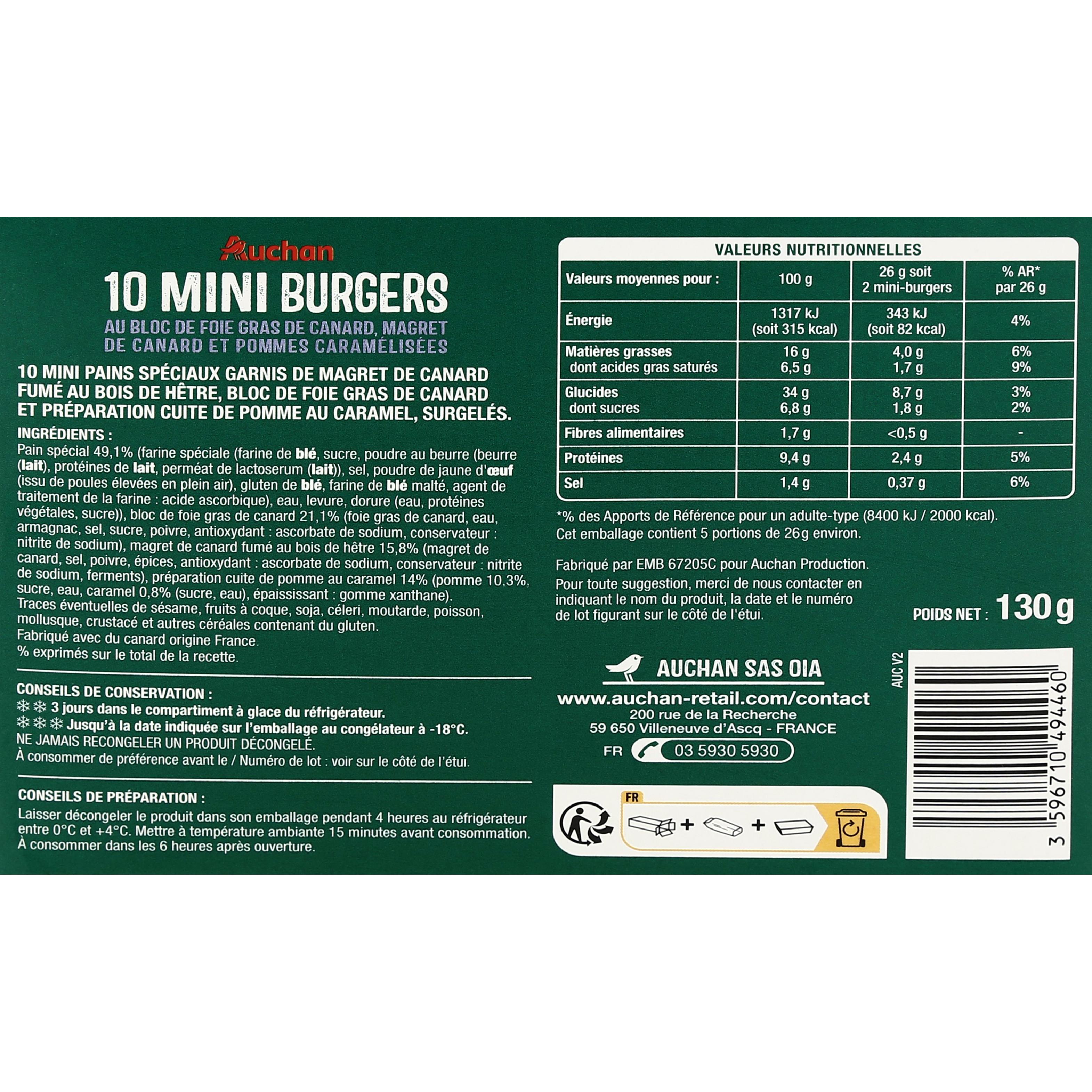 Voir la diapositive 4 : AUCHAN Mini-burgers au foie gras et magret de canard pommes caramélisées 10 pièces 130g