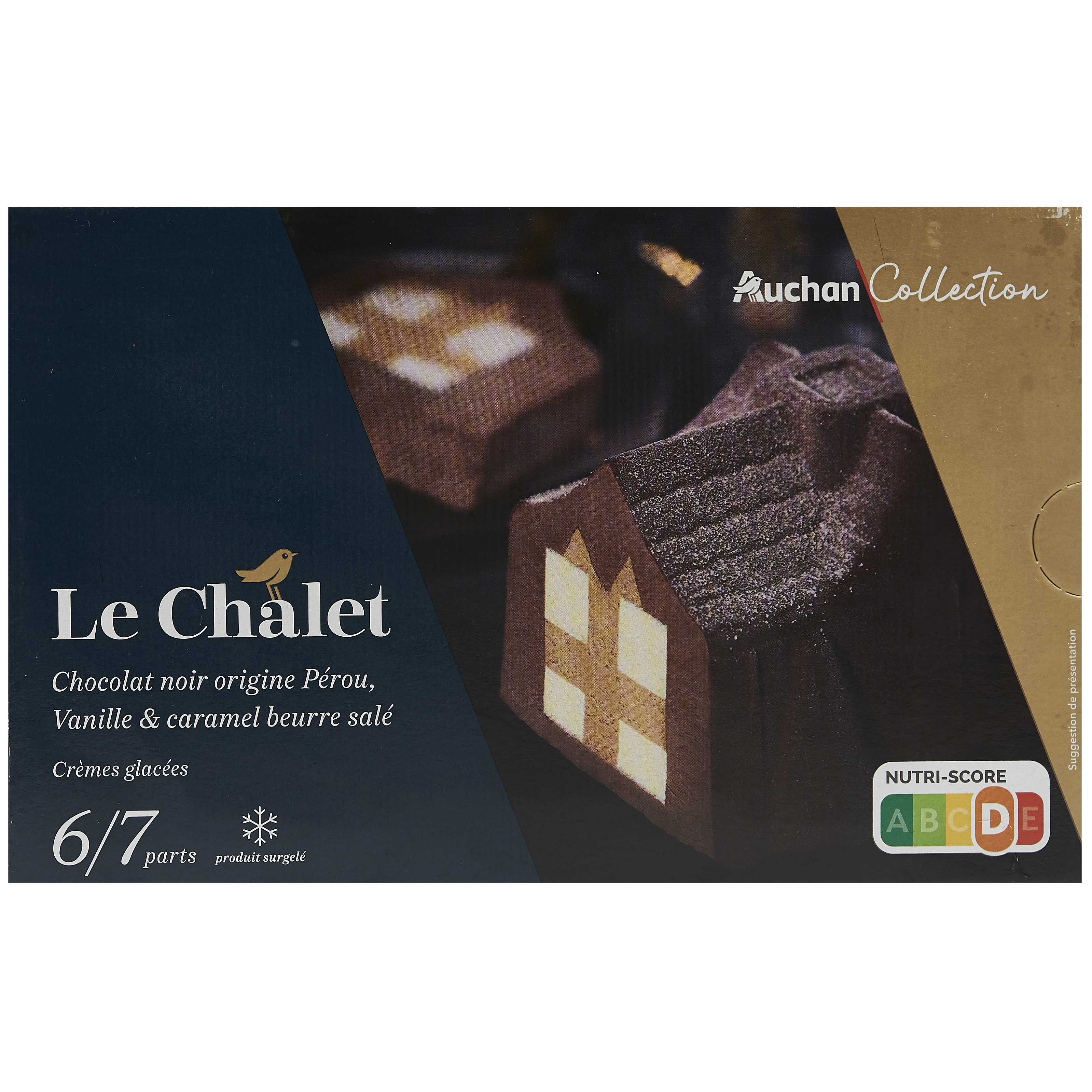 Voir la diapositive 2 : AUCHAN COLLECTION Bûche glacée Le Chalet chocolat noir vanille caramel beurre salé 7 parts 460g