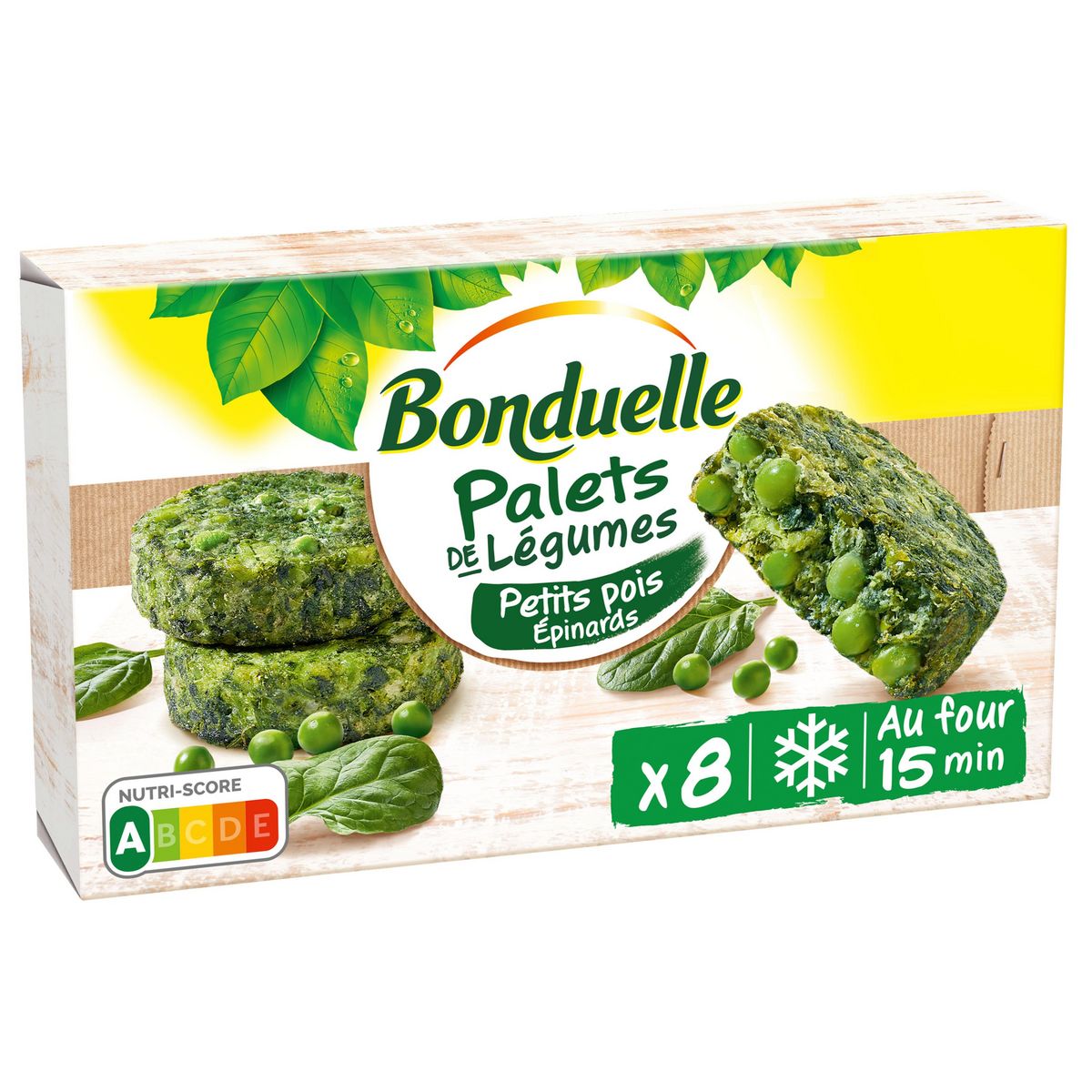 BONDUELLE Palets de légumes petits pois et épinards 8 pièces 380g