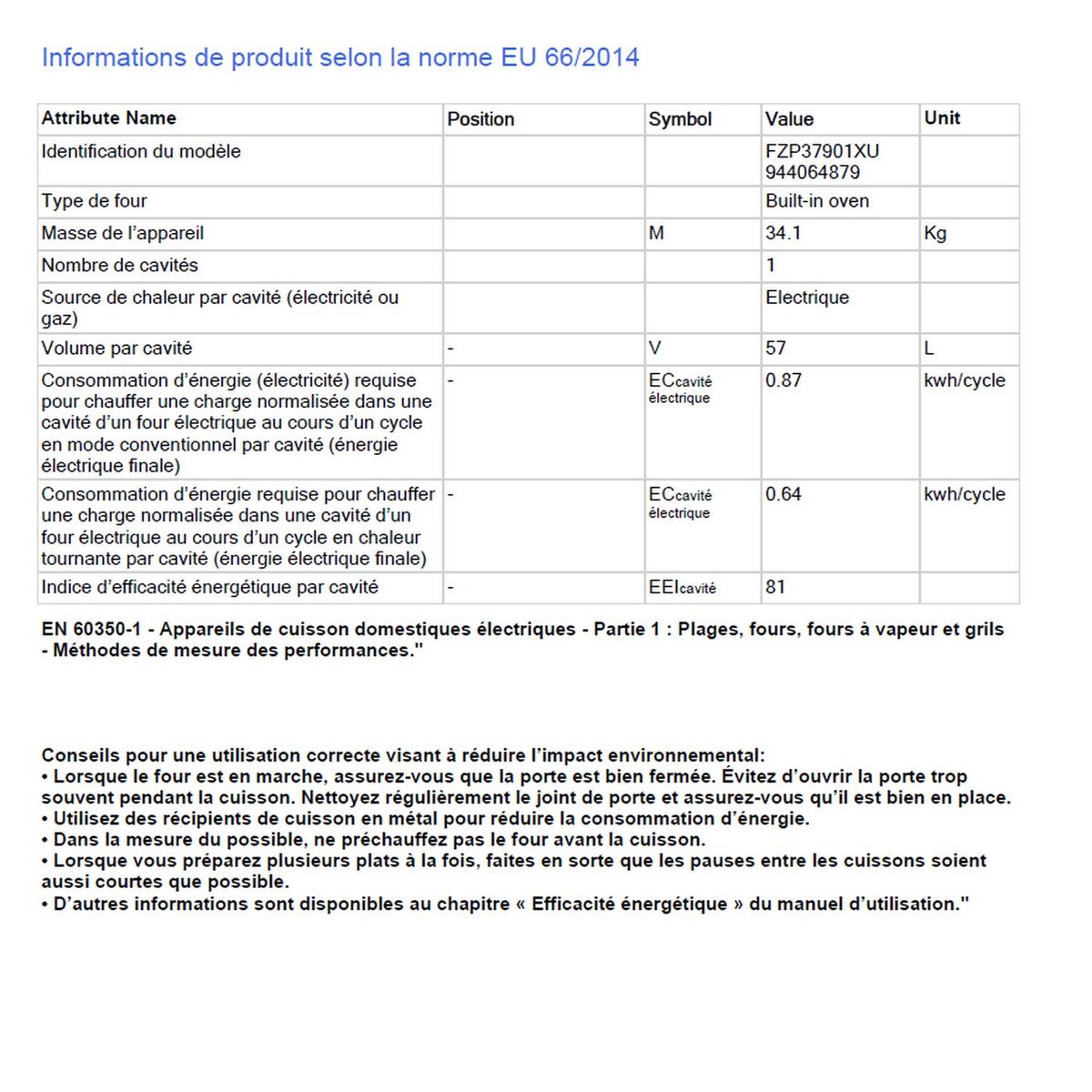 FAURE Four encastrable FZP37901XU, 57 L, Multifonction, Chaleur tournante pulsée, Nettoyage pyrolyse