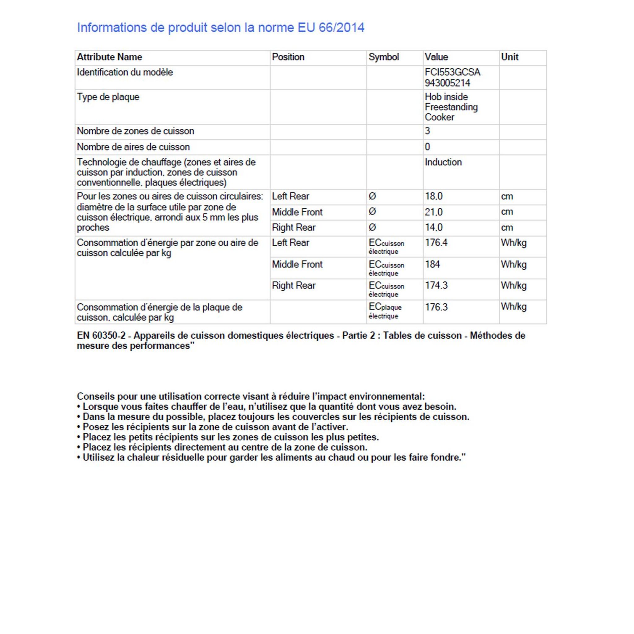 Voir la diapositive 2 : FAURE Cuisinière induction FCI553GCSA, 50 cm, 3 foyers induction, Four multifonction